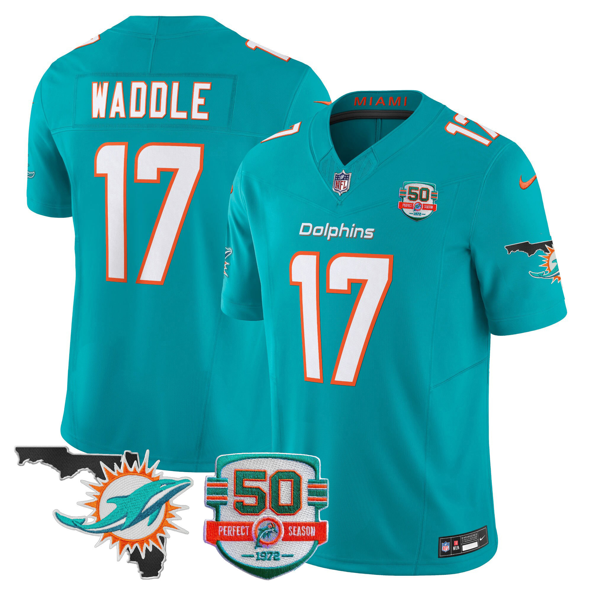 Jaylen Waddle Men's Miami Dolphins 50th Perfect Season & Florida Patch Vapor Aqua Jersey - All Stitched