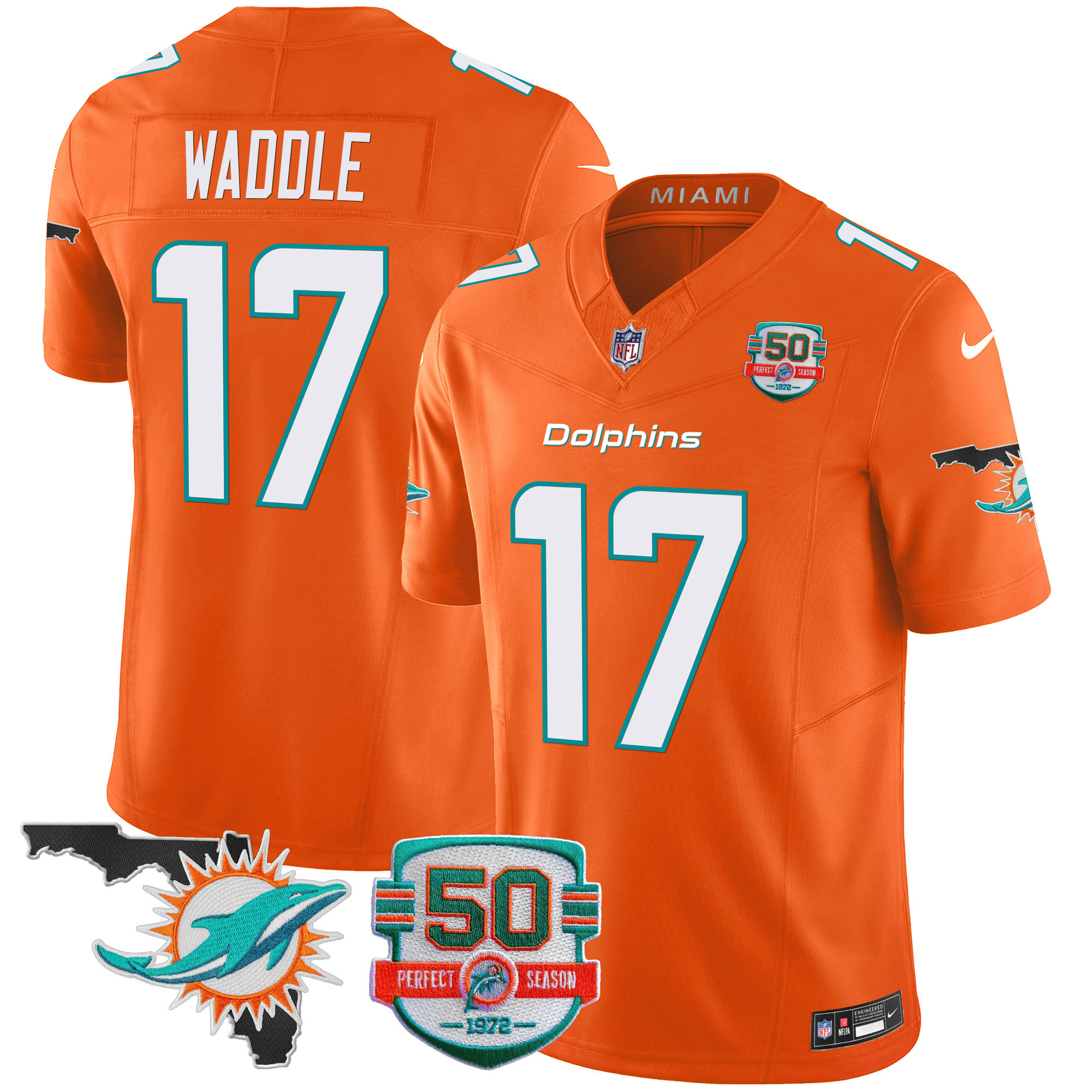 Jaylen Waddle Men's Miami Dolphins 50th Perfect Season & Florida Patch Vapor Orange Jersey - All Stitched