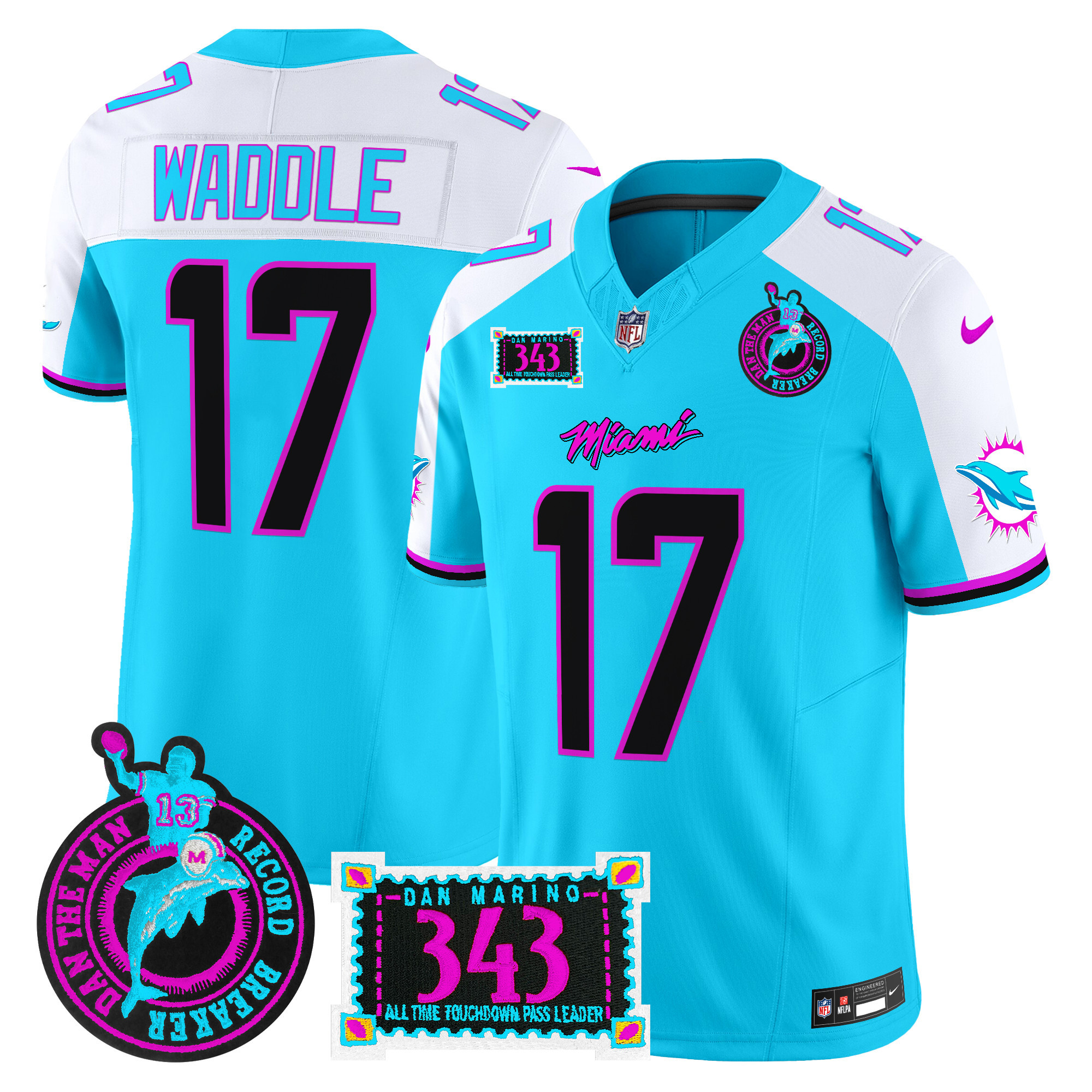 Jaylen Waddle Men's Miami Dolphins "Dan the Man Record Breaker" Patch Vapor Limited Aqua Alternate Jersey - All Stitched