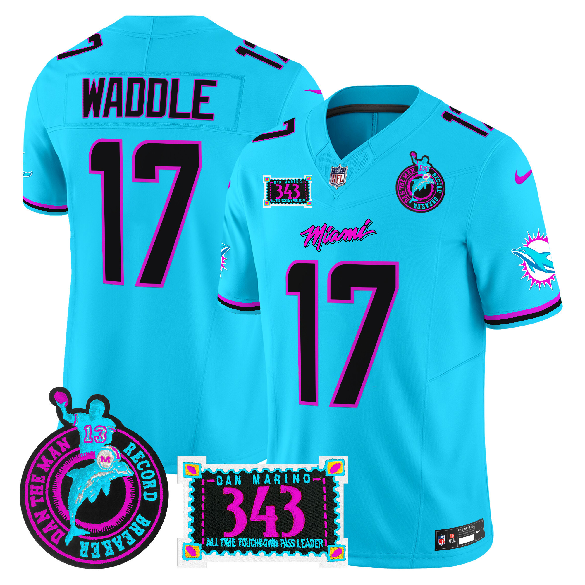 Jaylen Waddle Men's Miami Dolphins "Dan the Man Record Breaker" Patch Vapor Limited Aqua Jersey - All Stitched