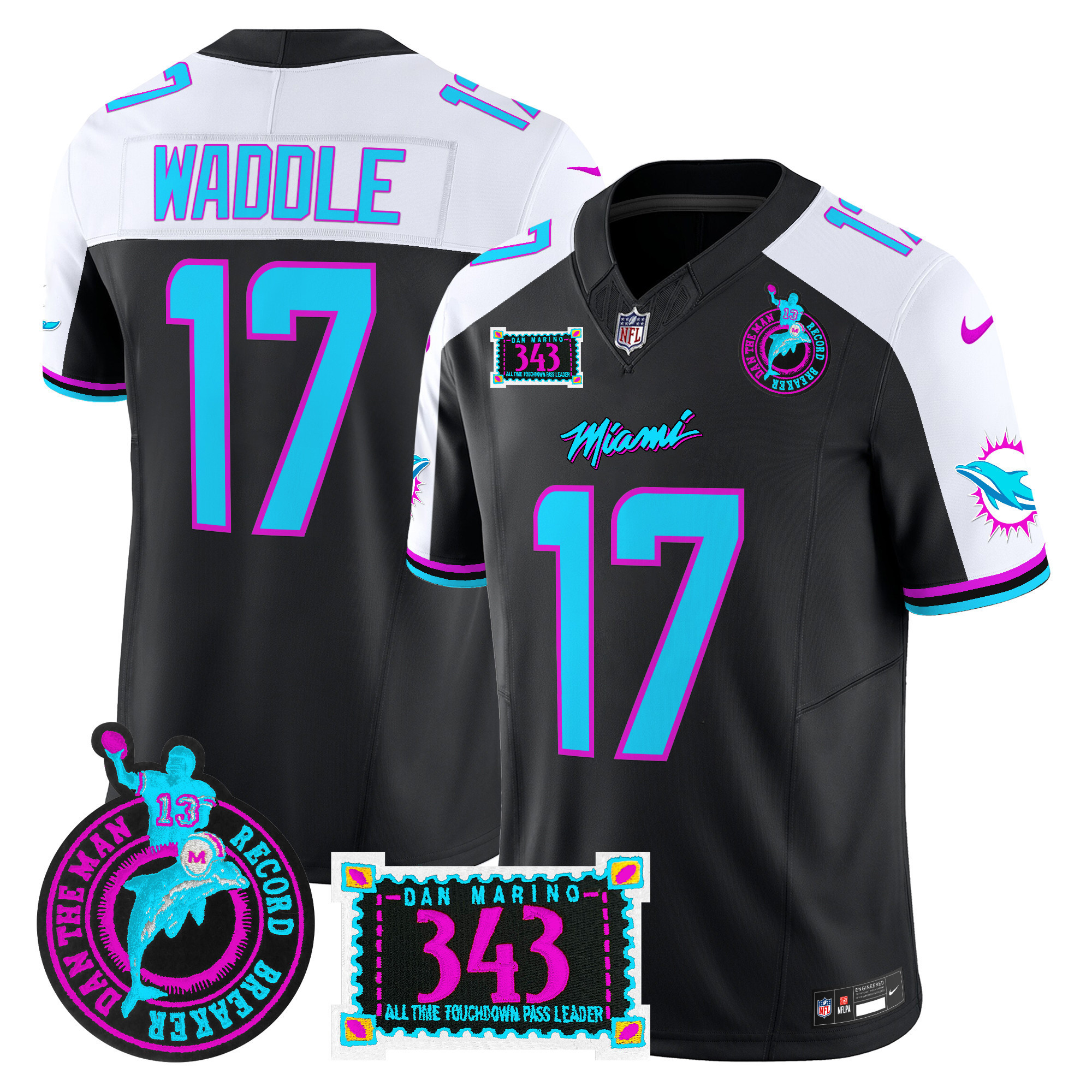 Jaylen Waddle Men's Miami Dolphins "Dan the Man Record Breaker" Patch Vapor Limited Black Alternate Jersey - All Stitched