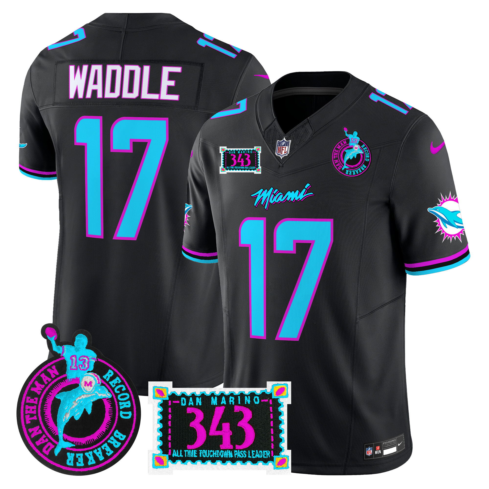 Jaylen Waddle Men's Miami Dolphins "Dan the Man Record Breaker" Patch Vapor Limited Black Jersey - All Stitched