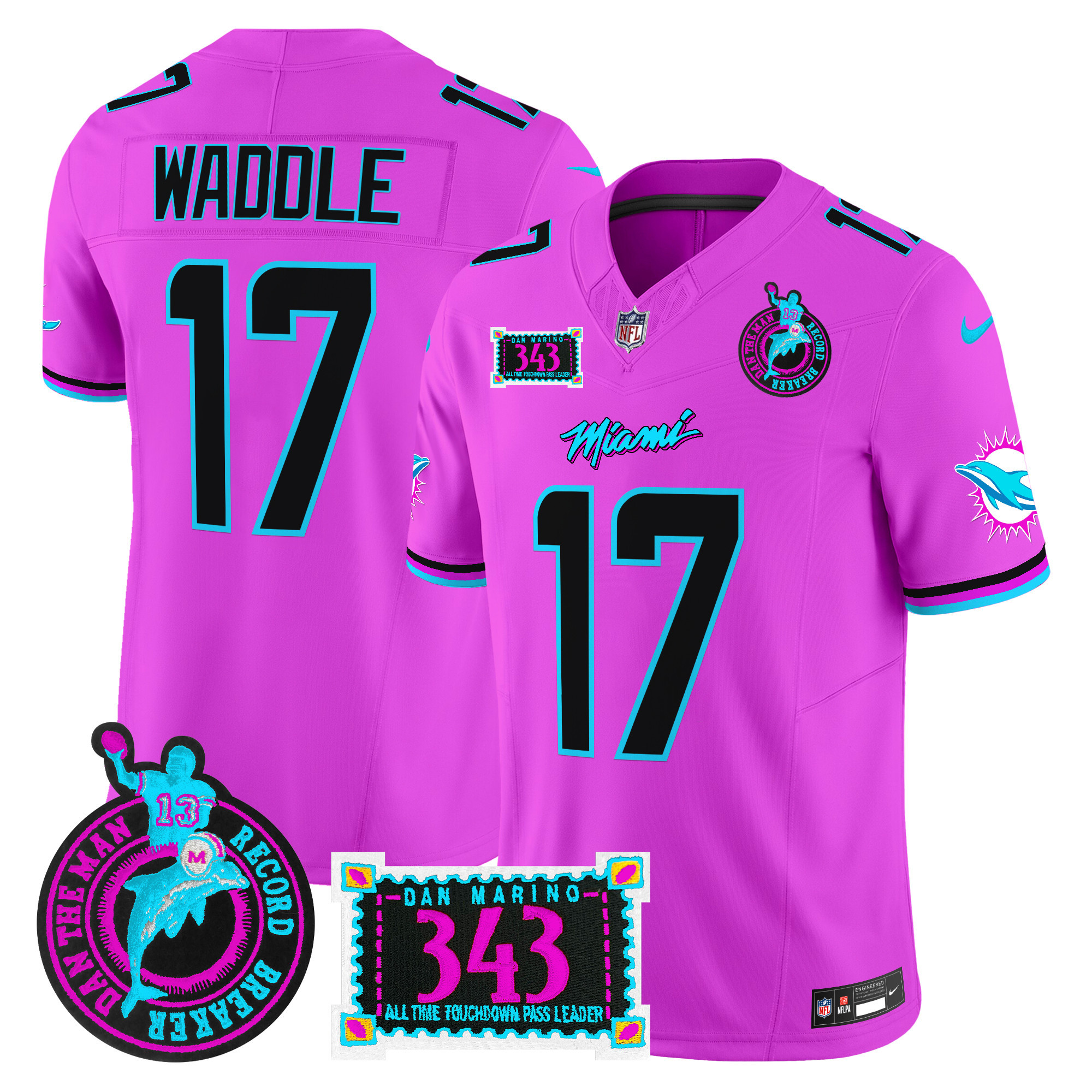 Jaylen Waddle Men's Miami Dolphins "Dan the Man Record Breaker" Patch Vapor Limited Pink Jersey - All Stitched