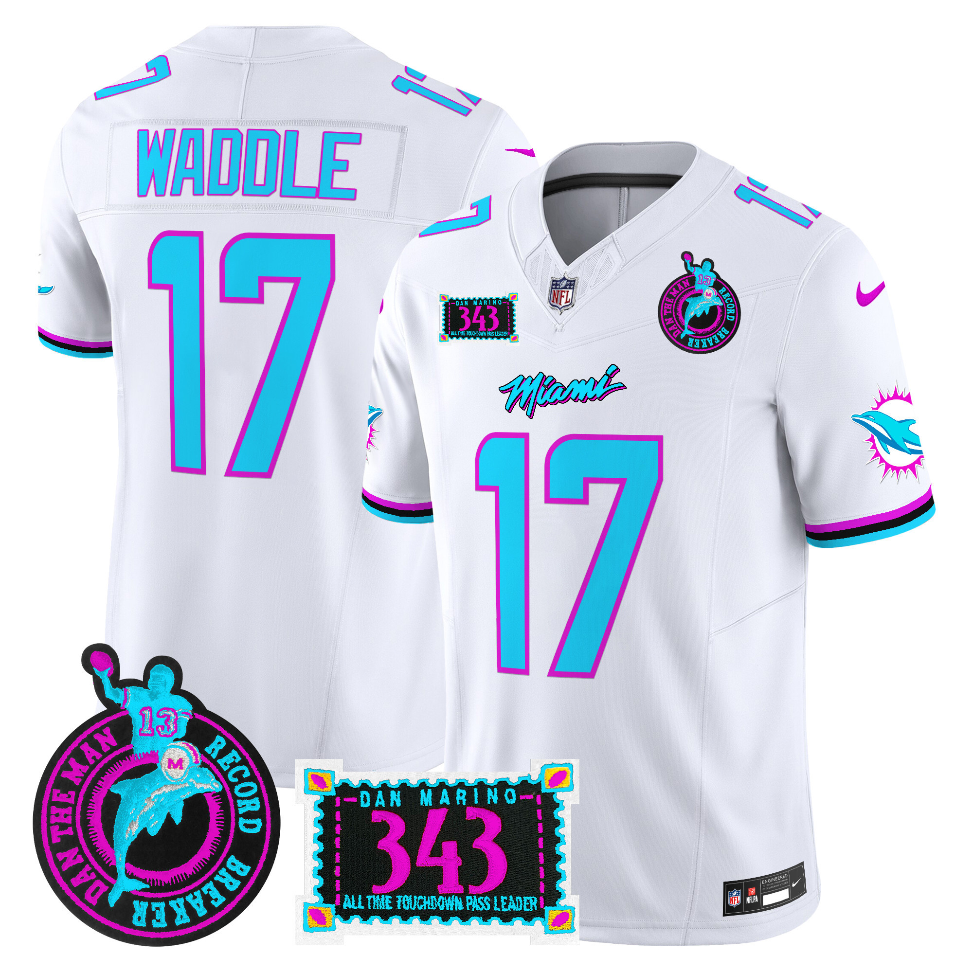Jaylen Waddle Men's Miami Dolphins "Dan the Man Record Breaker" Patch Vapor Limited White Jersey - All Stitched