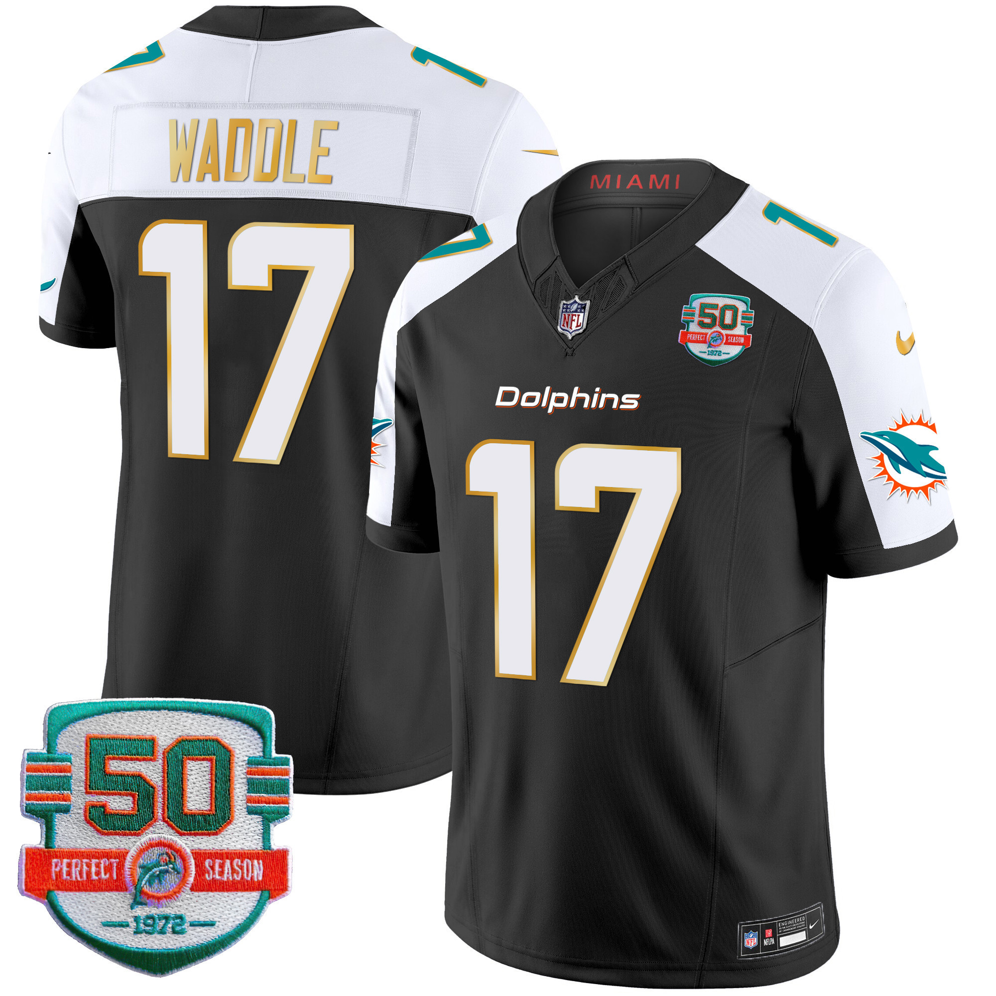 Jaylen Waddle Men's Miami Dolphins Gold Trim Vapor Limited Black Alternate Jersey - All Stitched