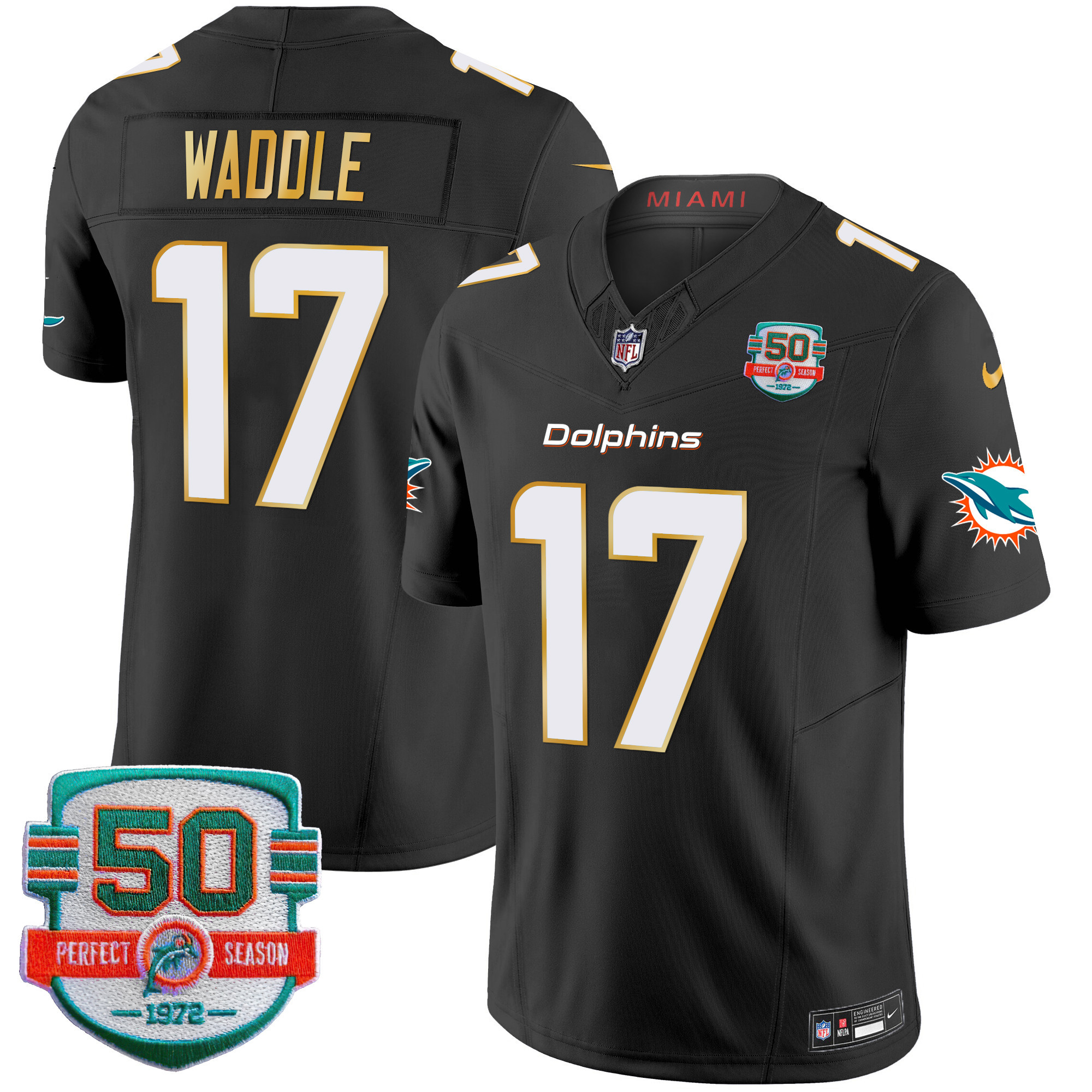 Jaylen Waddle Men's Miami Dolphins Gold Trim Vapor Limited Black Jersey - All Stitched