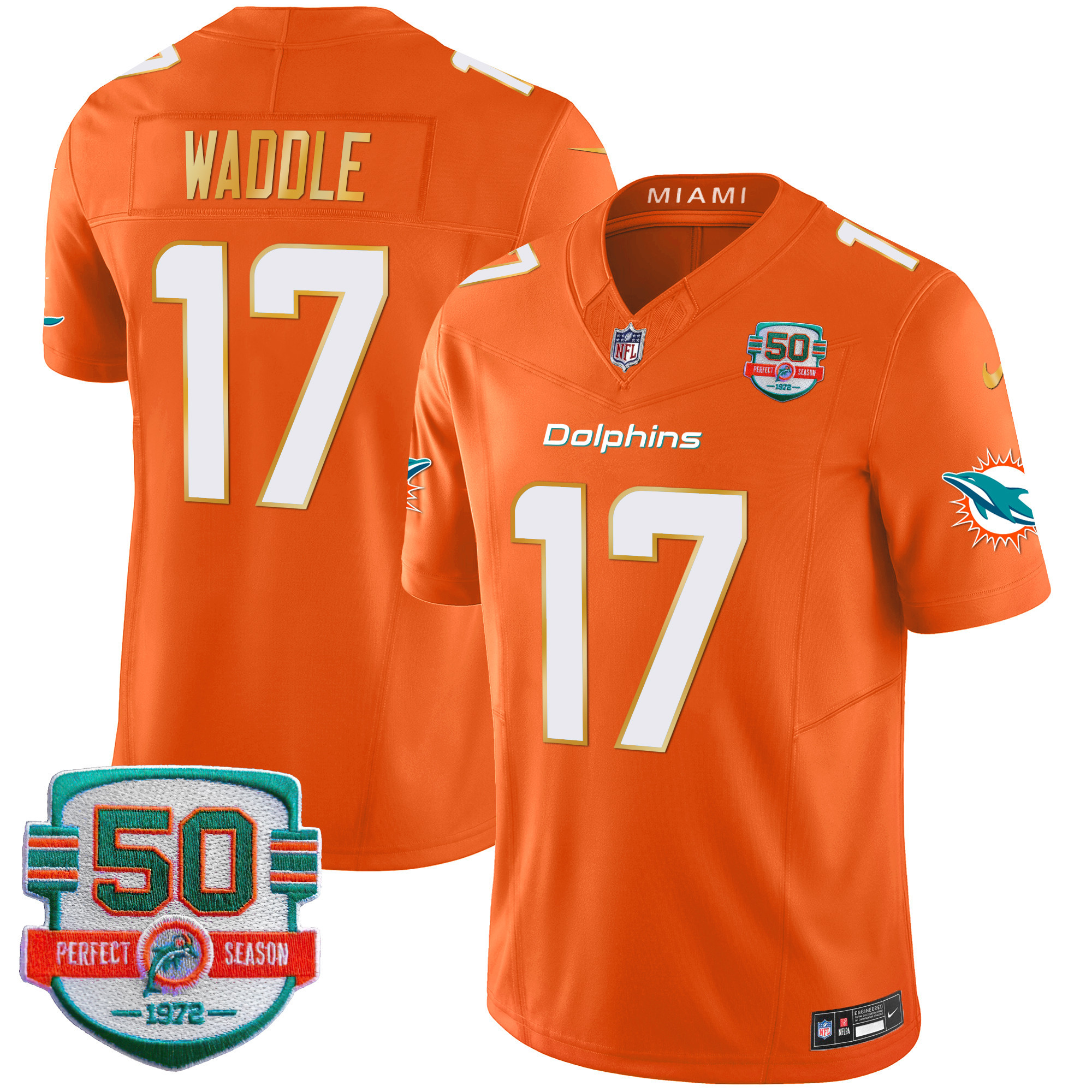 Jaylen Waddle Men's Miami Dolphins Gold Trim Vapor Limited Orange Jersey - All Stitched