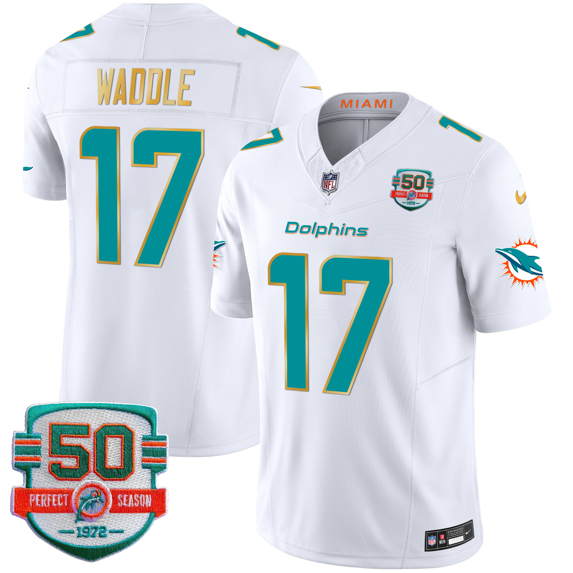 Jaylen Waddle Men's Miami Dolphins Gold Trim Vapor Limited White Jersey - All Stitched