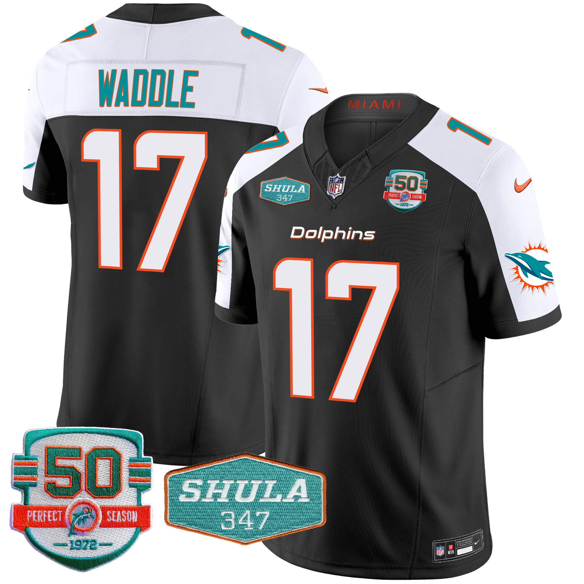 Jaylen Waddle Men's Miami Dolphins Shula 347 Patch Vapor Black Alternate Jersey - All Stitched