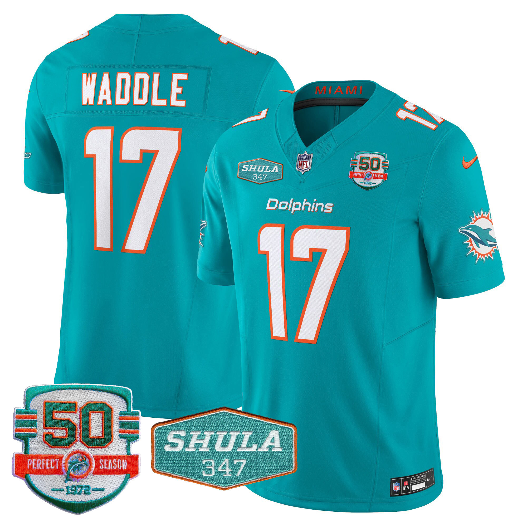 Jaylen Waddle Men's Miami Dolphins Shula 347 Patch Vapor Limited Aqua Jersey - All Stitched
