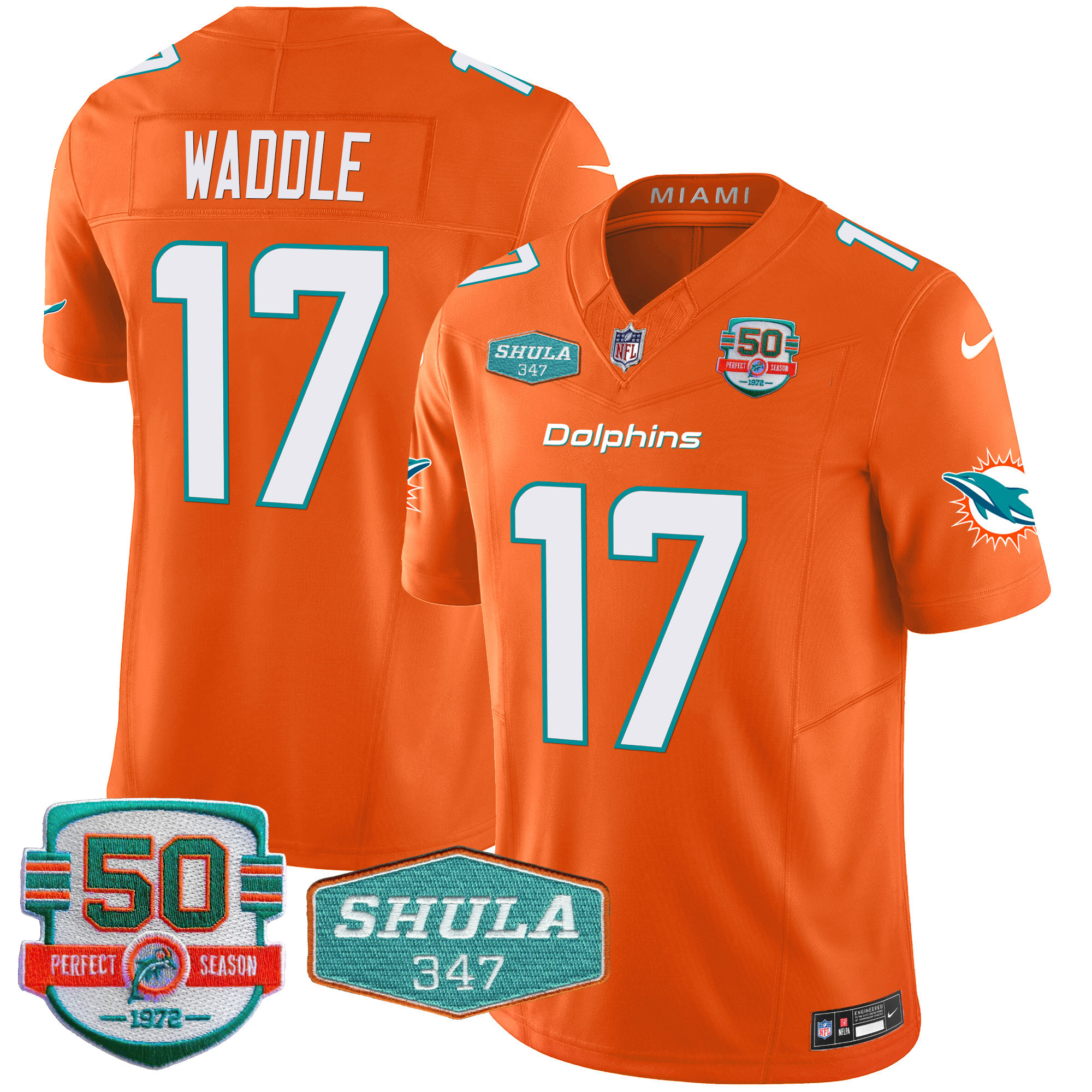 Jaylen Waddle Men's Miami Dolphins Shula 347 Patch Vapor Limited Orange Jersey - All Stitched
