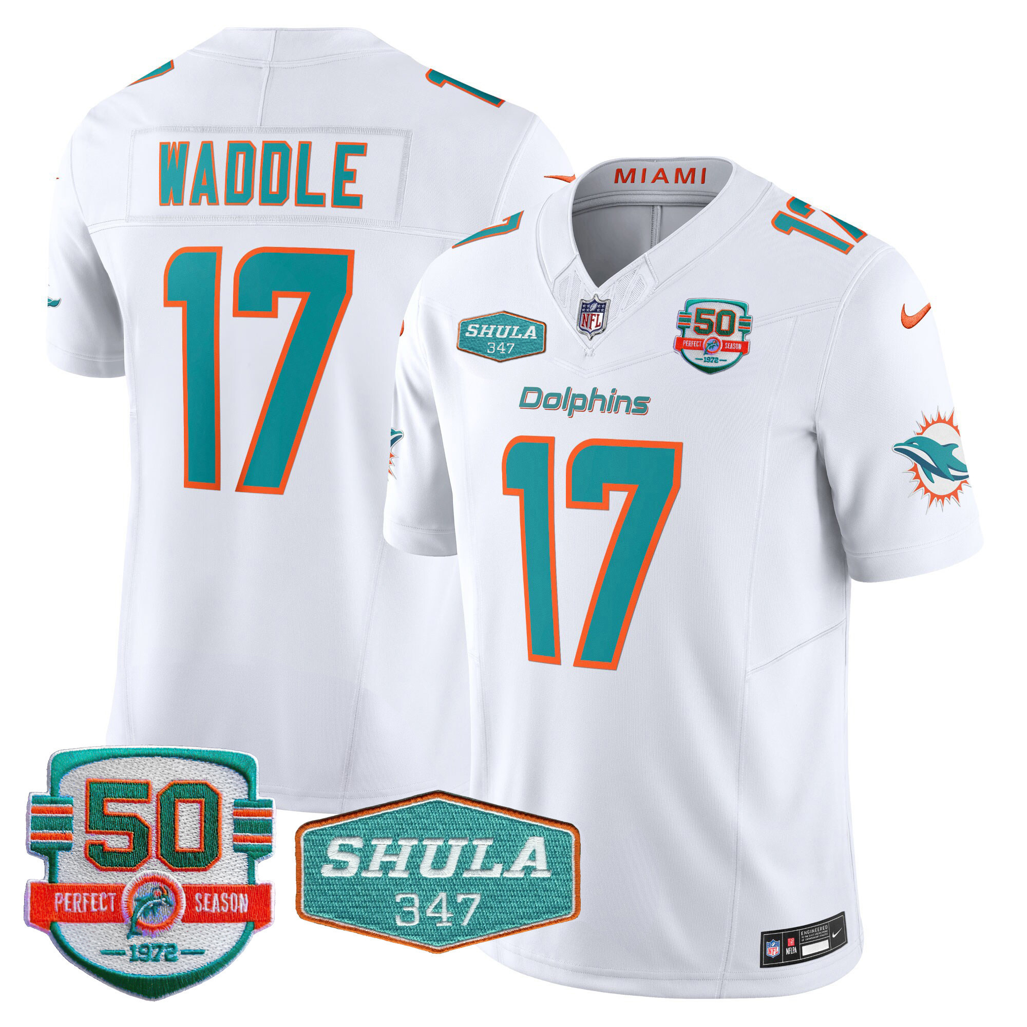 Jaylen Waddle Men's Miami Dolphins Shula 347 Patch Vapor Limited White Jersey - All Stitched