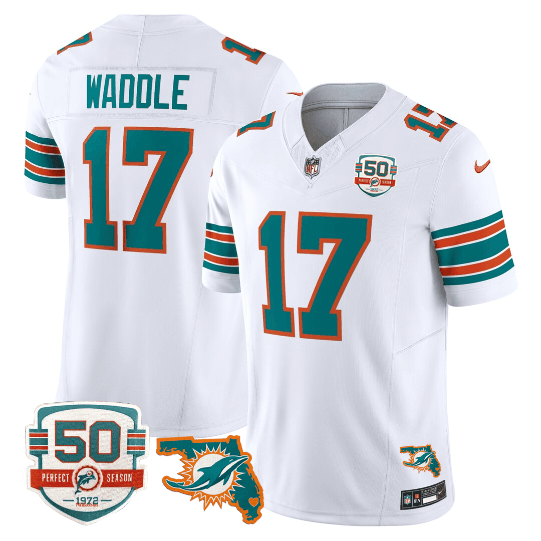 Jaylen Waddle Men's Miami DolphinsThrowback 50th Perfect Season & Florida Patch Vapor Jersey White Jersey - All Stitched