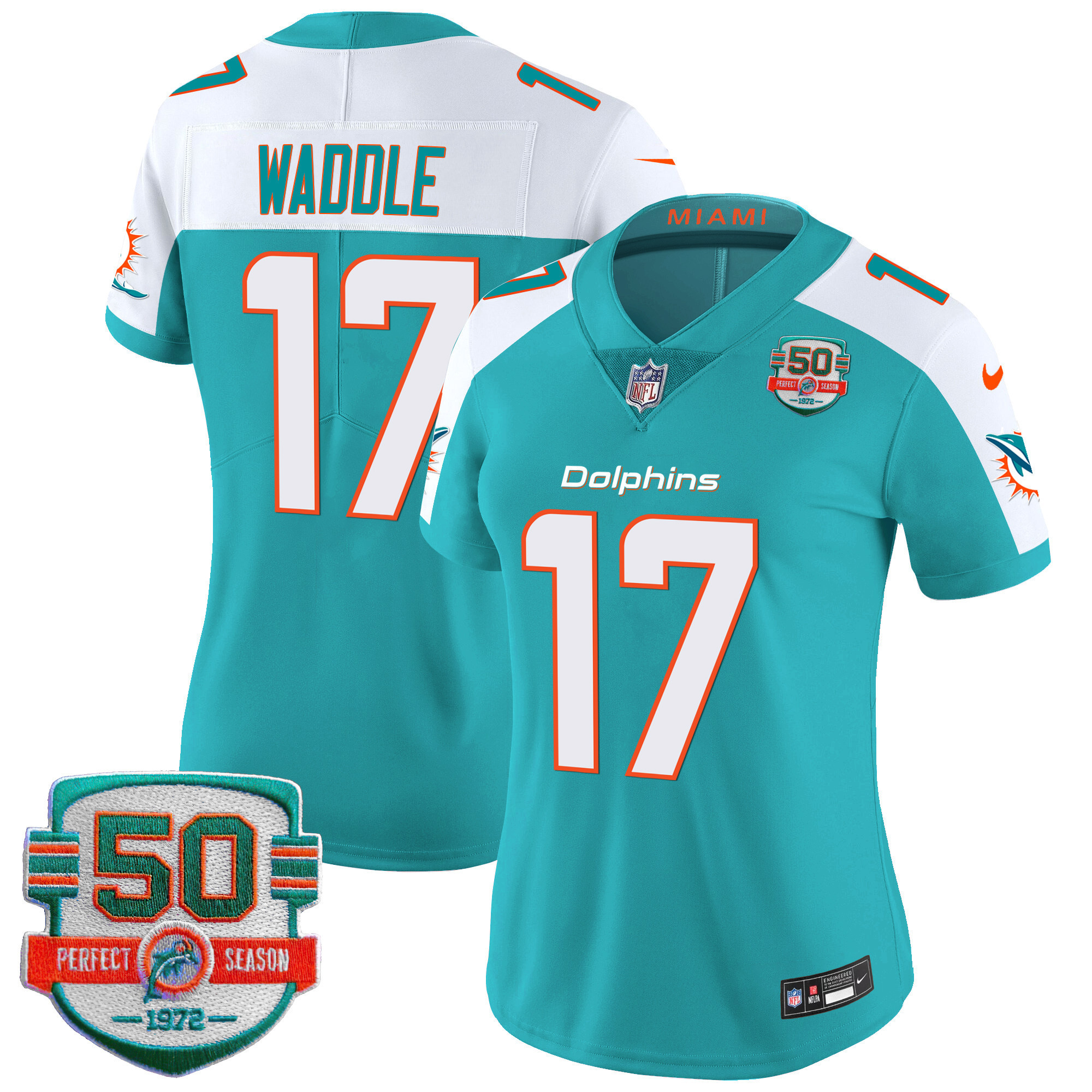 Jaylen Waddle Women's Miami Dolphins 50th 1972 Perfect Season Patch Vapor Aqua Alternate Jersey - All Stitched