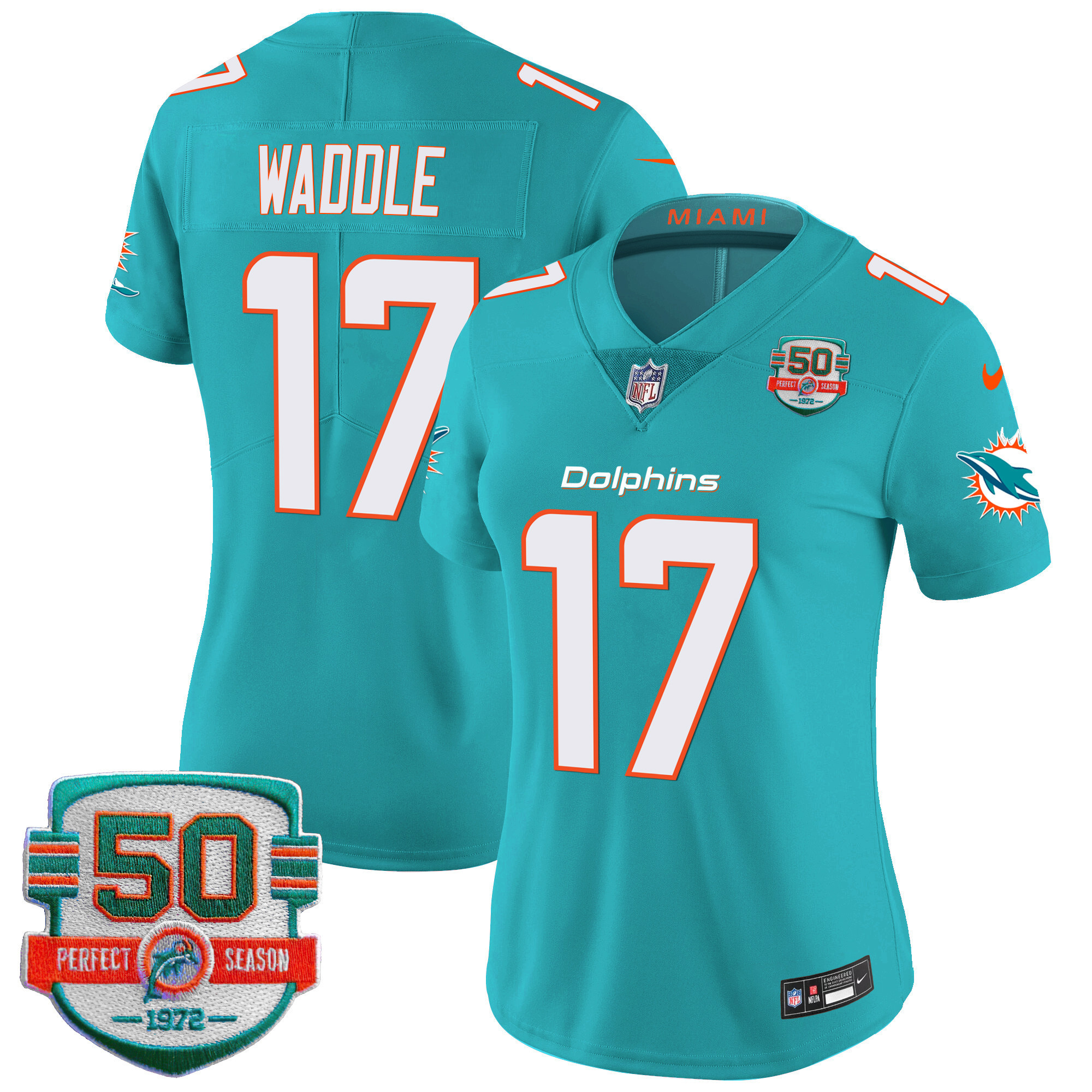 Jaylen Waddle Women's Miami Dolphins 50th 1972 Perfect Season Patch Vapor Aqua Jersey - All Stitched