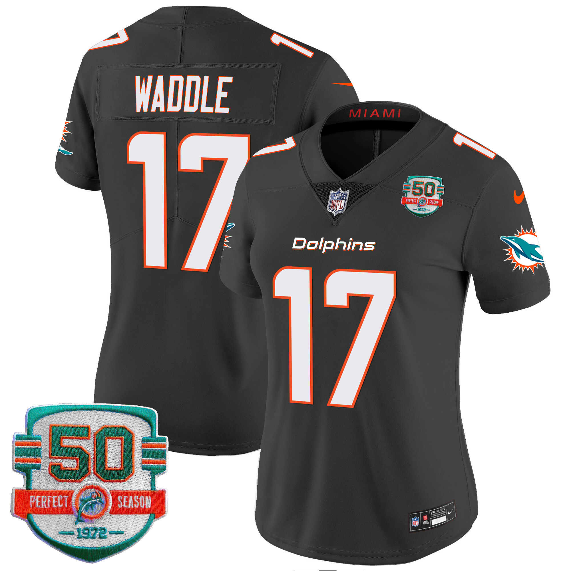 Jaylen Waddle Women's Miami Dolphins 50th 1972 Perfect Season Patch Vapor Black Jersey - All Stitched
