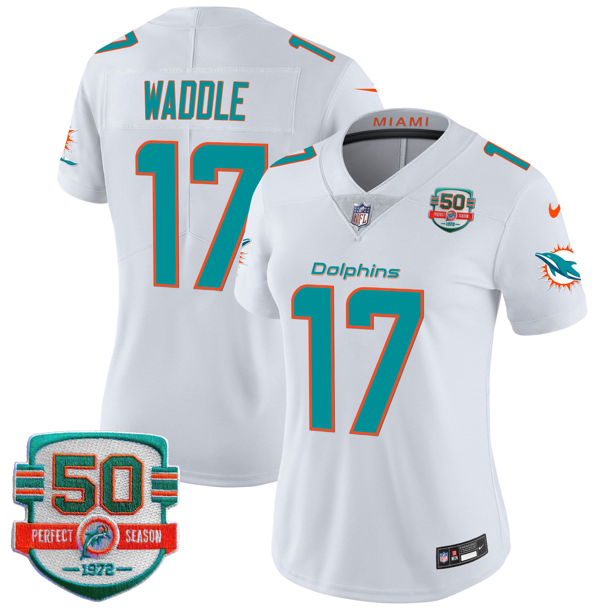 Jaylen Waddle Women's Miami Dolphins 50th 1972 Perfect Season Patch Vapor White Jersey - All Stitched
