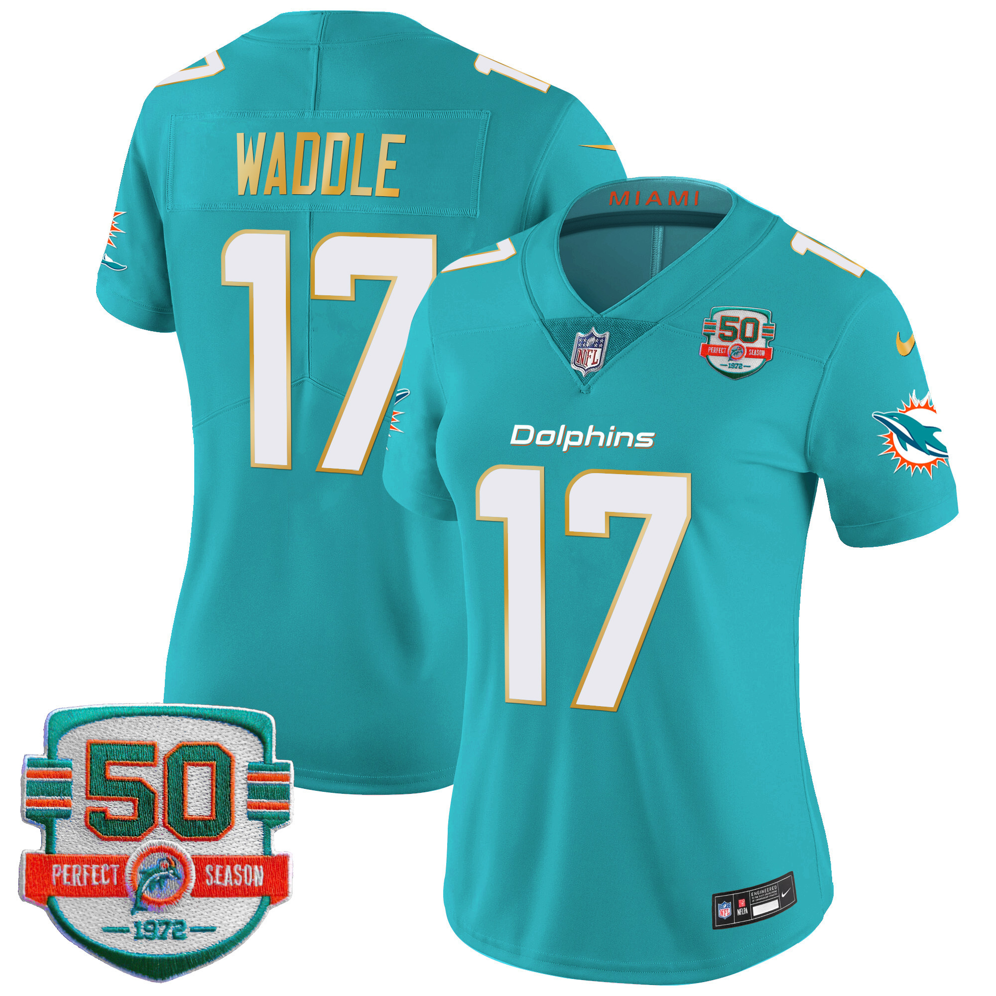 Jaylen Waddle Women's Miami Dolphins Gold Trim Vapor Limited Aqua Jersey - All Stitched