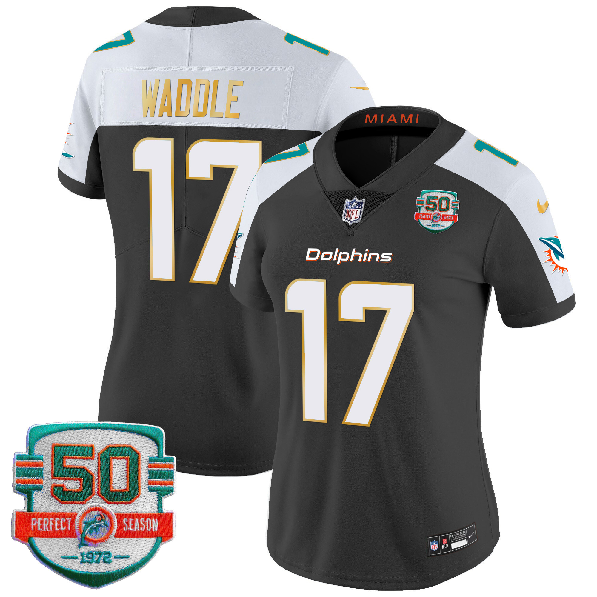 Jaylen Waddle Women's Miami Dolphins Gold Trim Vapor Limited Black Alternate Jersey - All Stitched