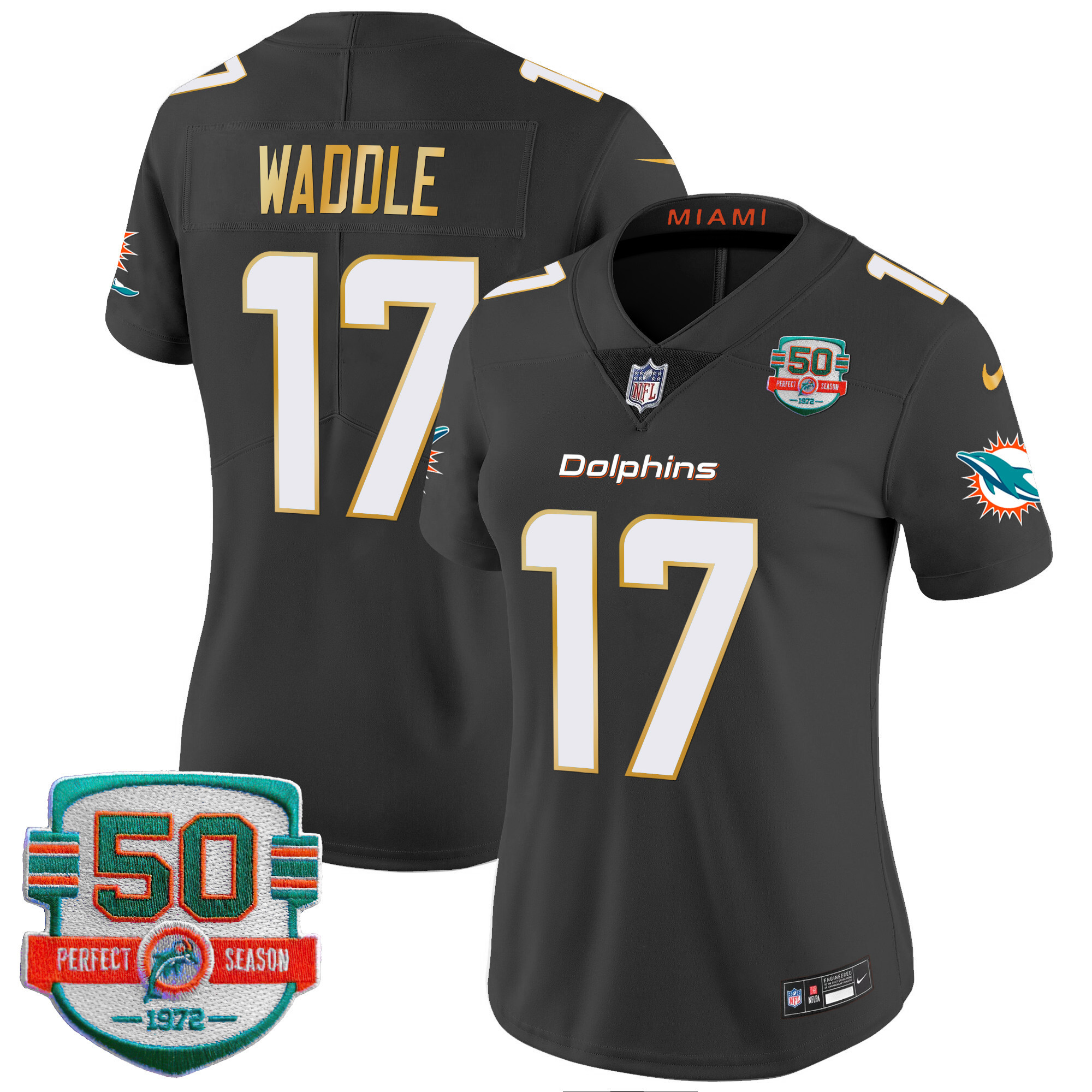 Jaylen Waddle Women's Miami Dolphins Gold Trim Vapor Limited Black Jersey - All Stitched