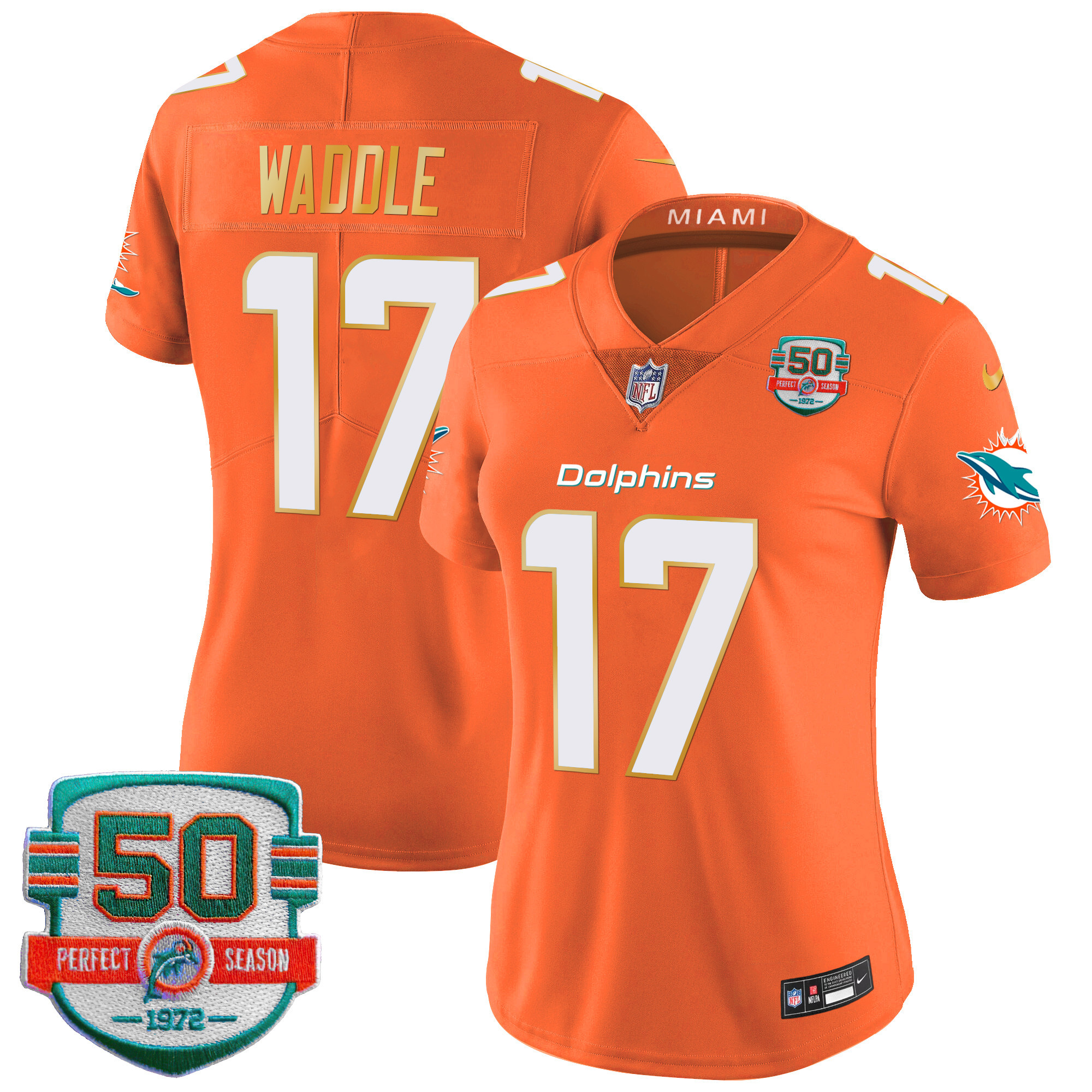 Jaylen Waddle Women's Miami Dolphins Gold Trim Vapor Limited Orange Jersey - All Stitched