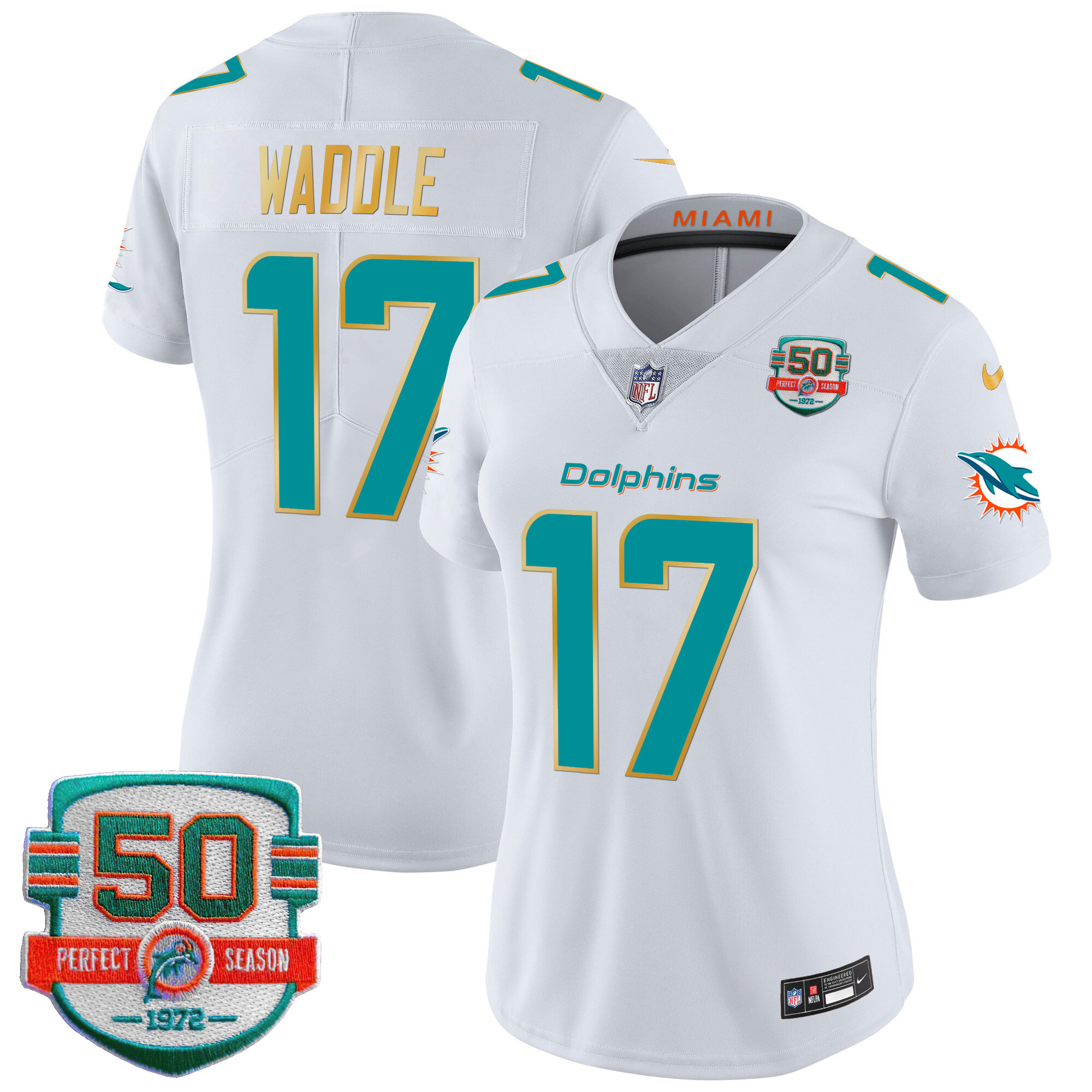 Jaylen Waddle Women's Miami Dolphins Gold Trim Vapor Limited White Jersey - All Stitched