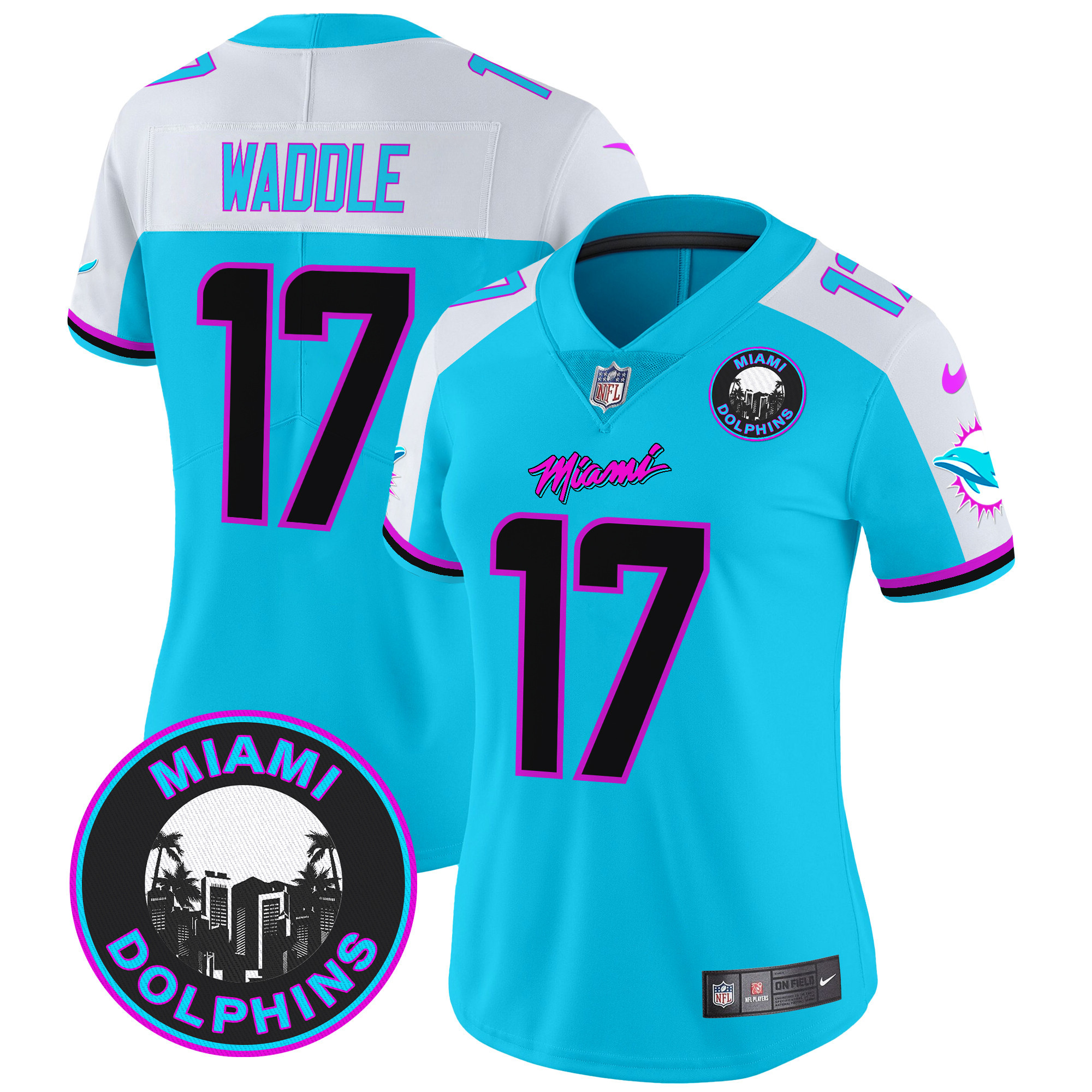 Jaylen Waddle Women's Miami Dolphins "Miami Vice" Vapor Limited Aqua Alternate Jersey - All Stitched