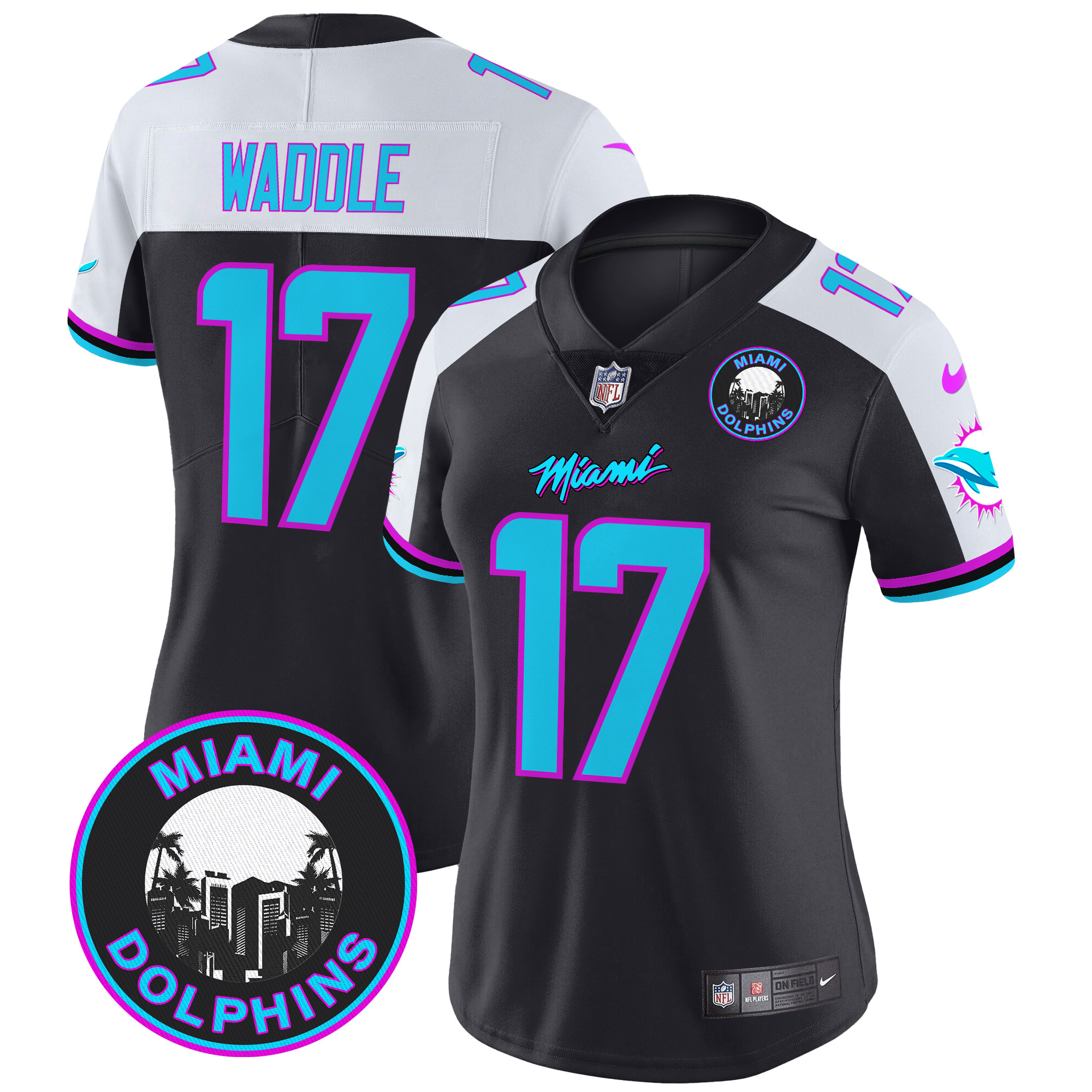 Jaylen Waddle Women's Miami Dolphins "Miami Vice" Vapor Limited Black Alternate Jersey - All Stitched