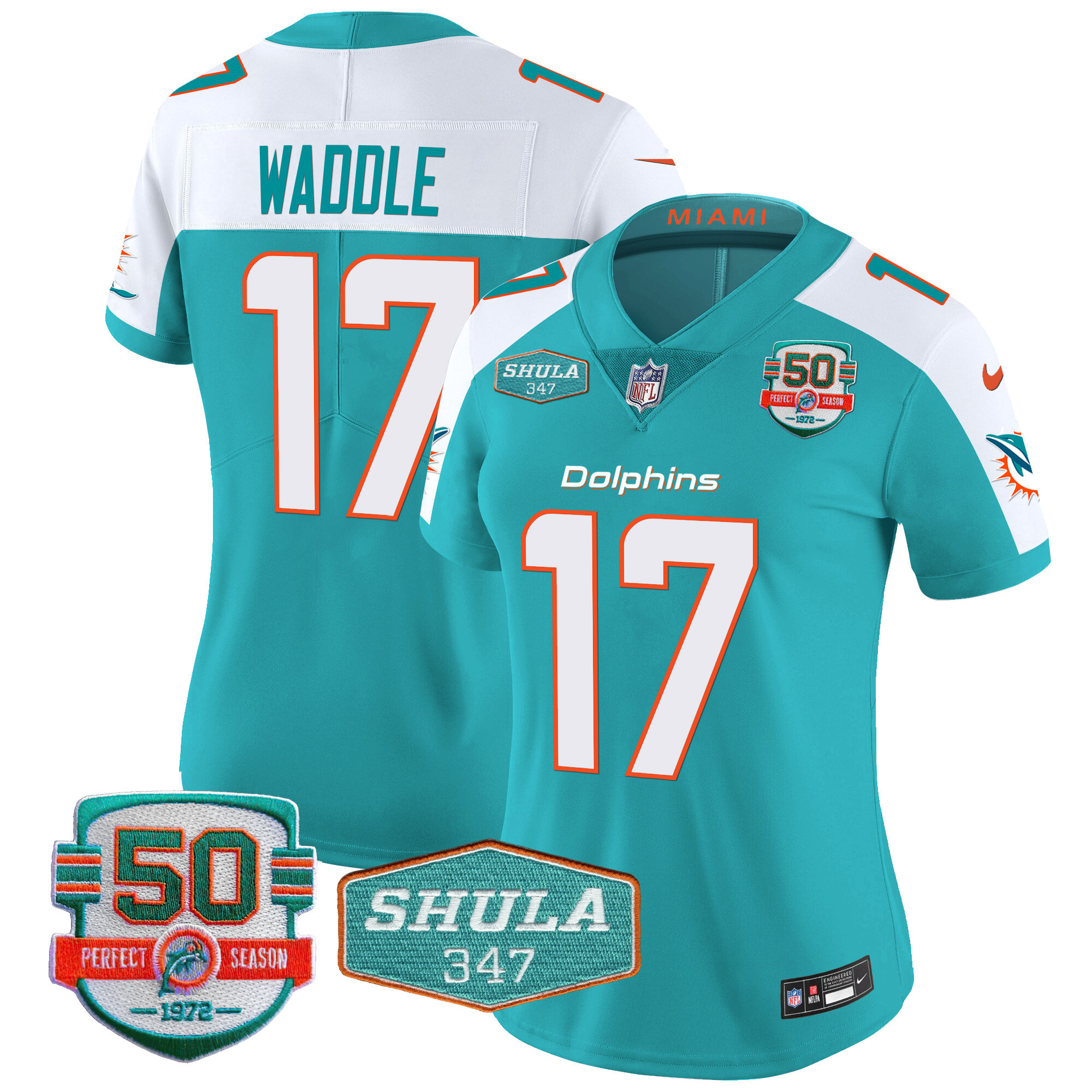Jaylen Waddle Women's Miami Dolphins Shula 347 Patch Vapor Aqua Alternate Jersey - All Stitched