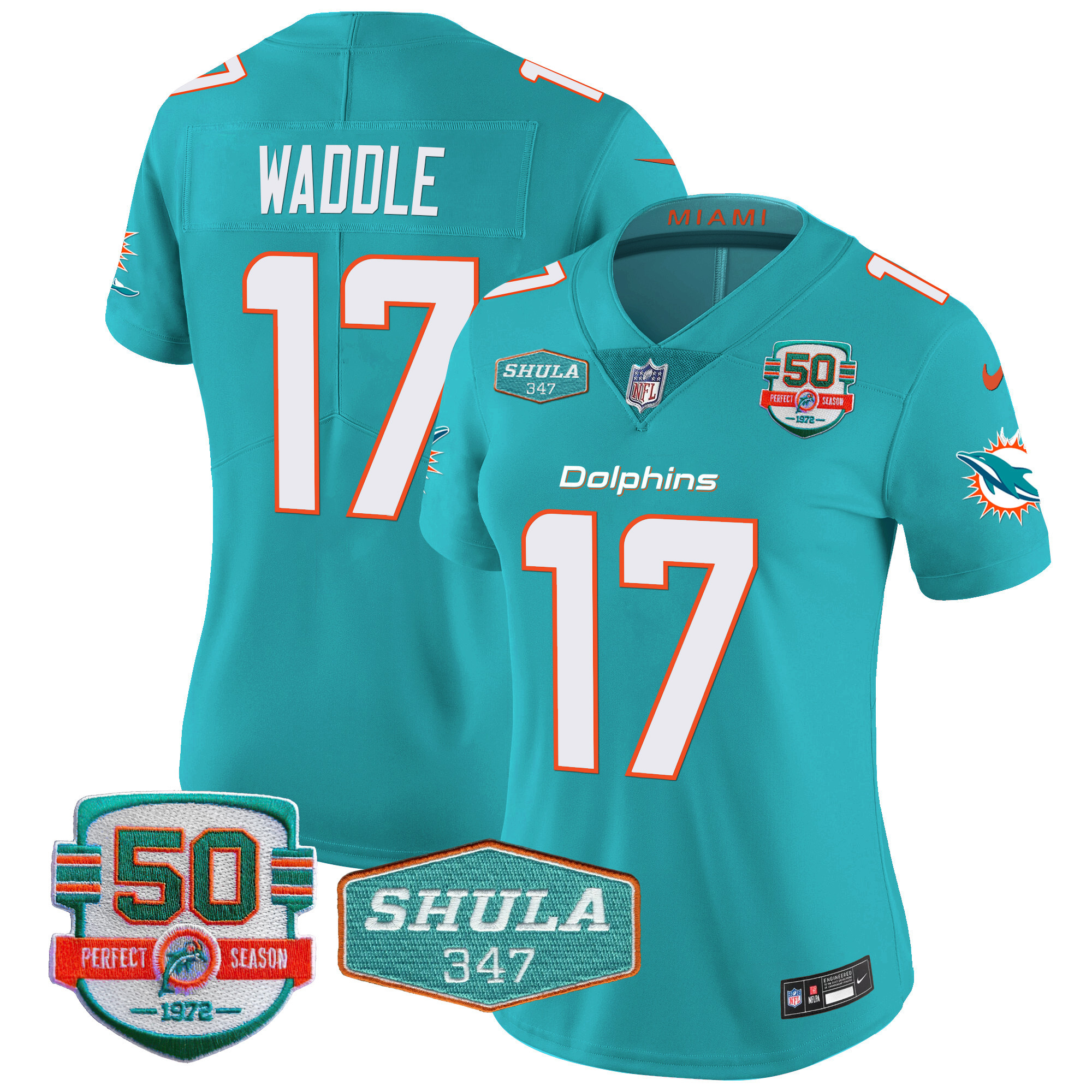 Jaylen Waddle Women's Miami Dolphins Shula 347 Patch Vapor Aqua Jersey - All Stitched