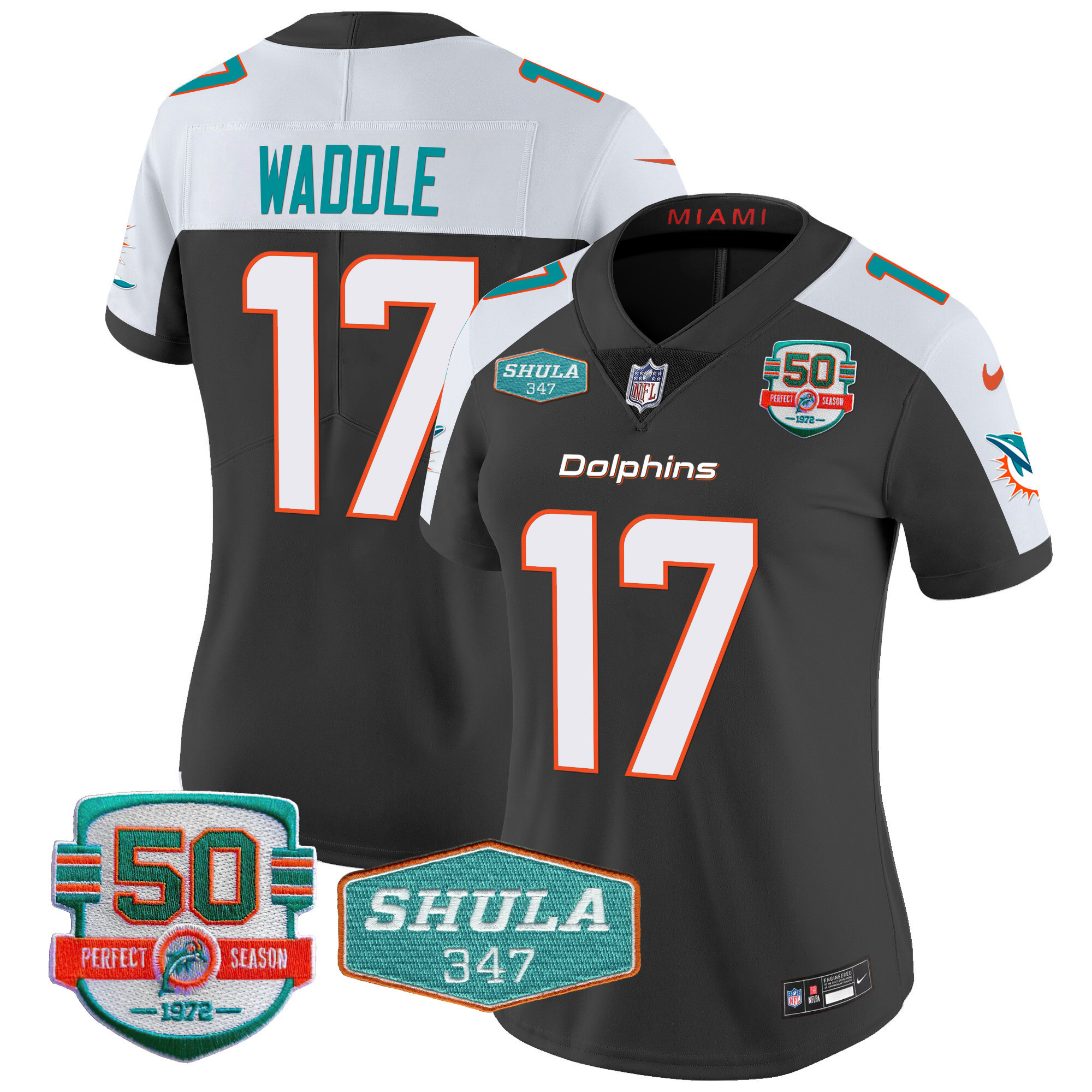 Jaylen Waddle Women's Miami Dolphins Shula 347 Patch Vapor Black Alternate Jersey - All Stitched
