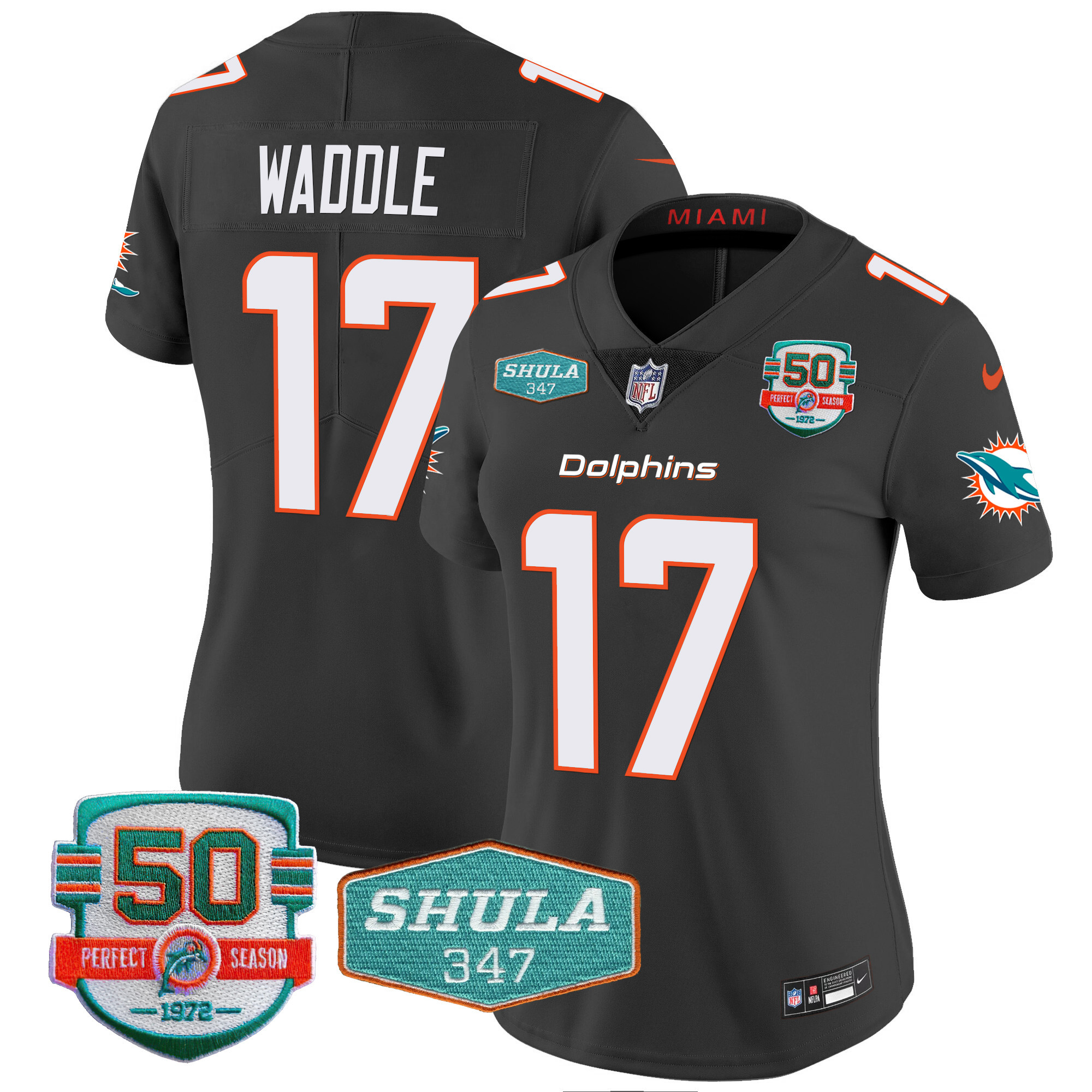 Jaylen Waddle Women's Miami Dolphins Shula 347 Patch Vapor Black Jersey - All Stitched