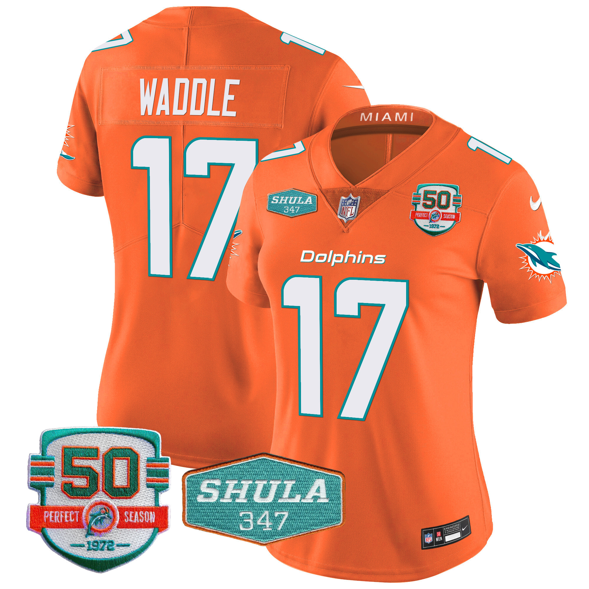 Jaylen Waddle Women's Miami Dolphins Shula 347 Patch Vapor Orange Jersey - All Stitched