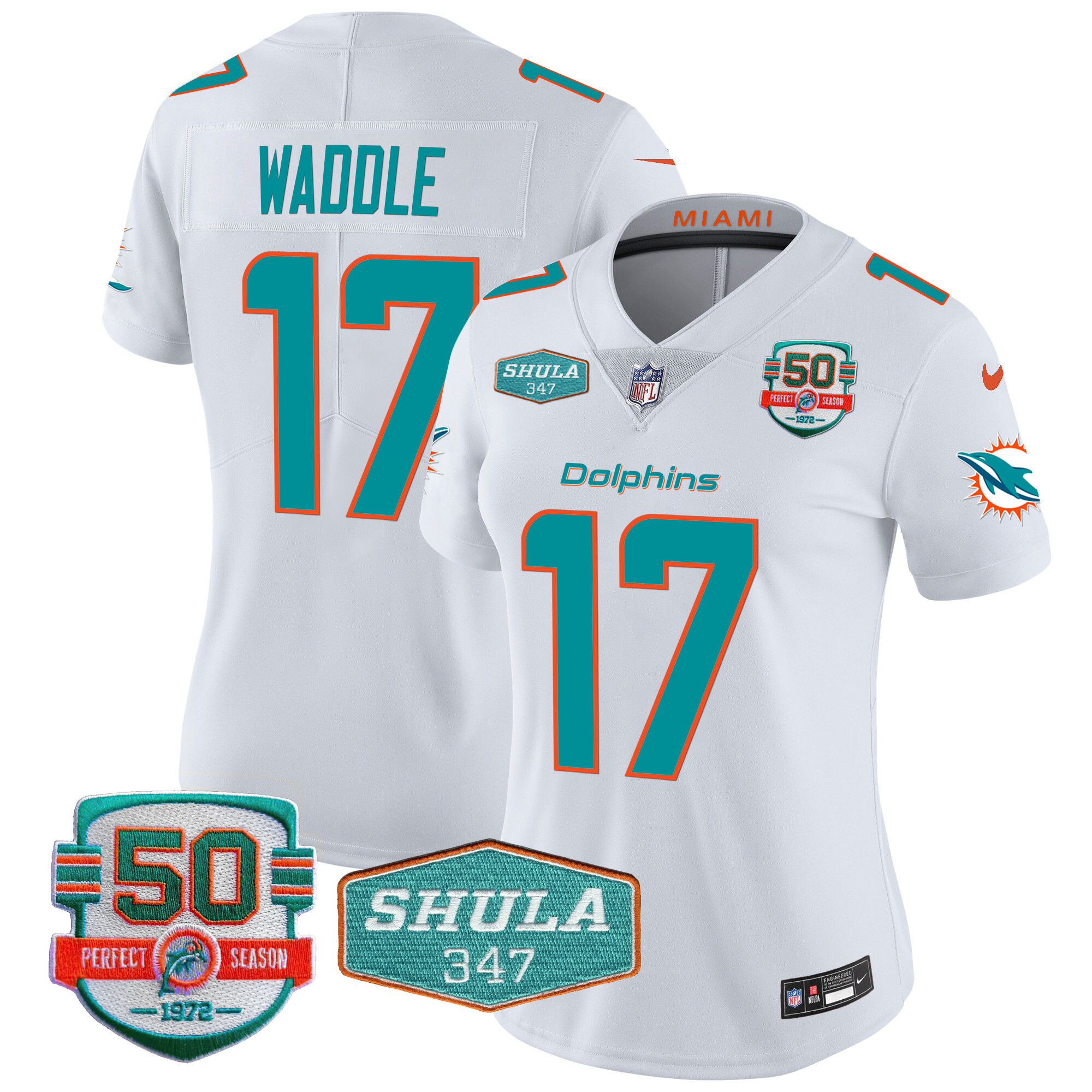 Jaylen Waddle Women's Miami Dolphins Shula 347 Patch Vapor White Jersey - All Stitched