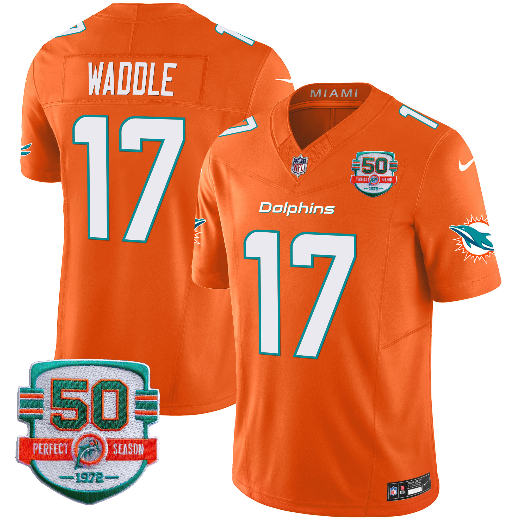 Jaylen Waddle Youth's Miami Dolphins 50th 1972 Perfect Season Patch Vapor Orange Jersey - All Stitched