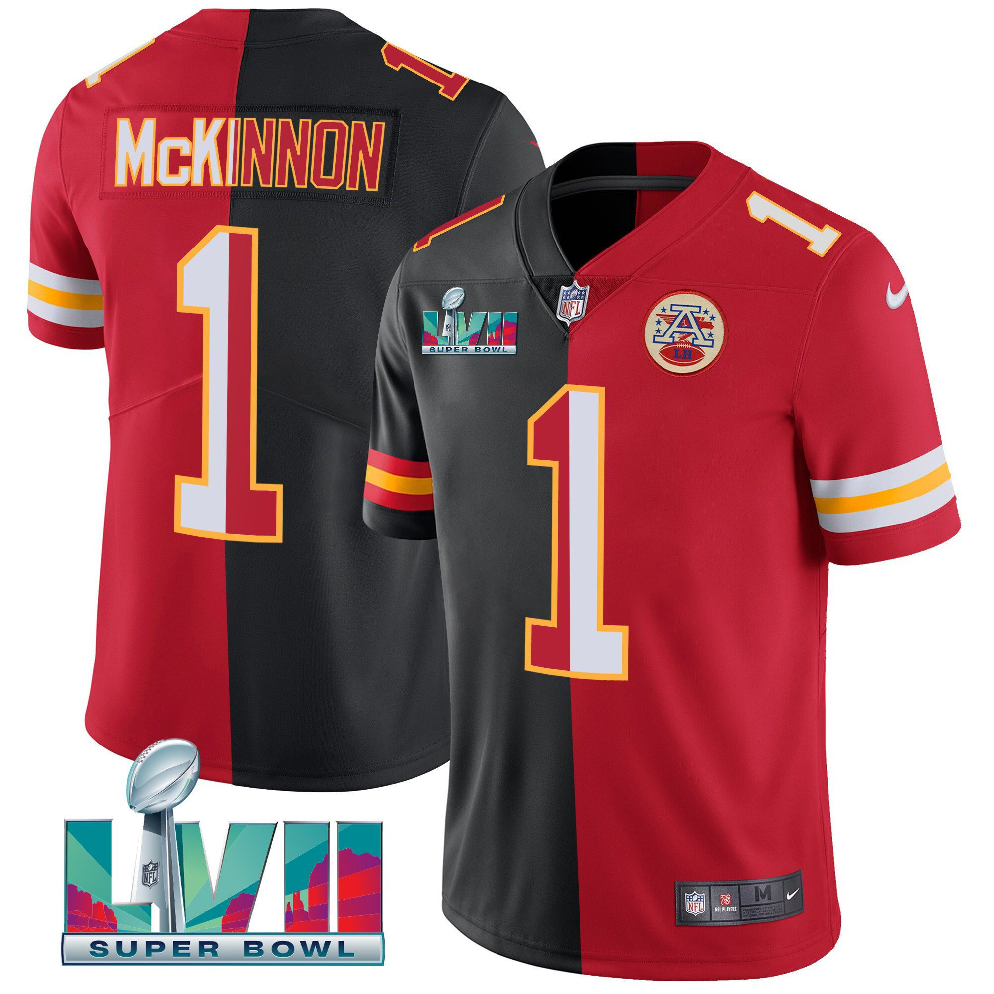 Jerick McKinnon Men's Kansas City Chiefs Super Bowl LVII Vapor Player Split Red-Black Jersey - All Stitched