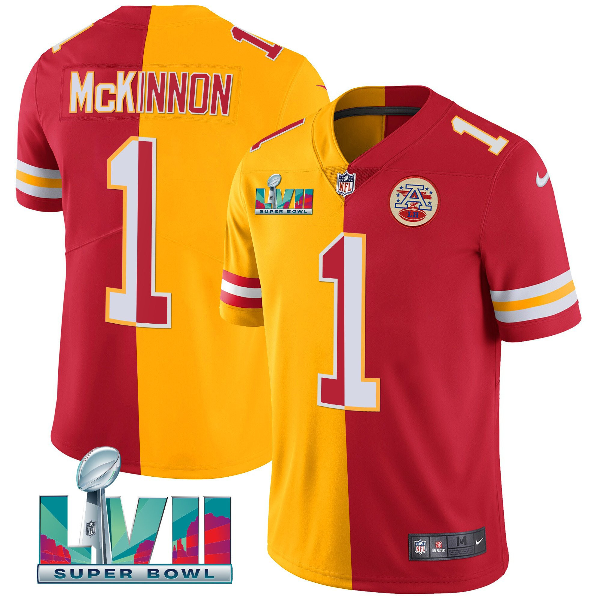 Jerick McKinnon Men's Kansas City Chiefs Super Bowl LVII Vapor Player Split Red-Gold Jersey - All Stitched