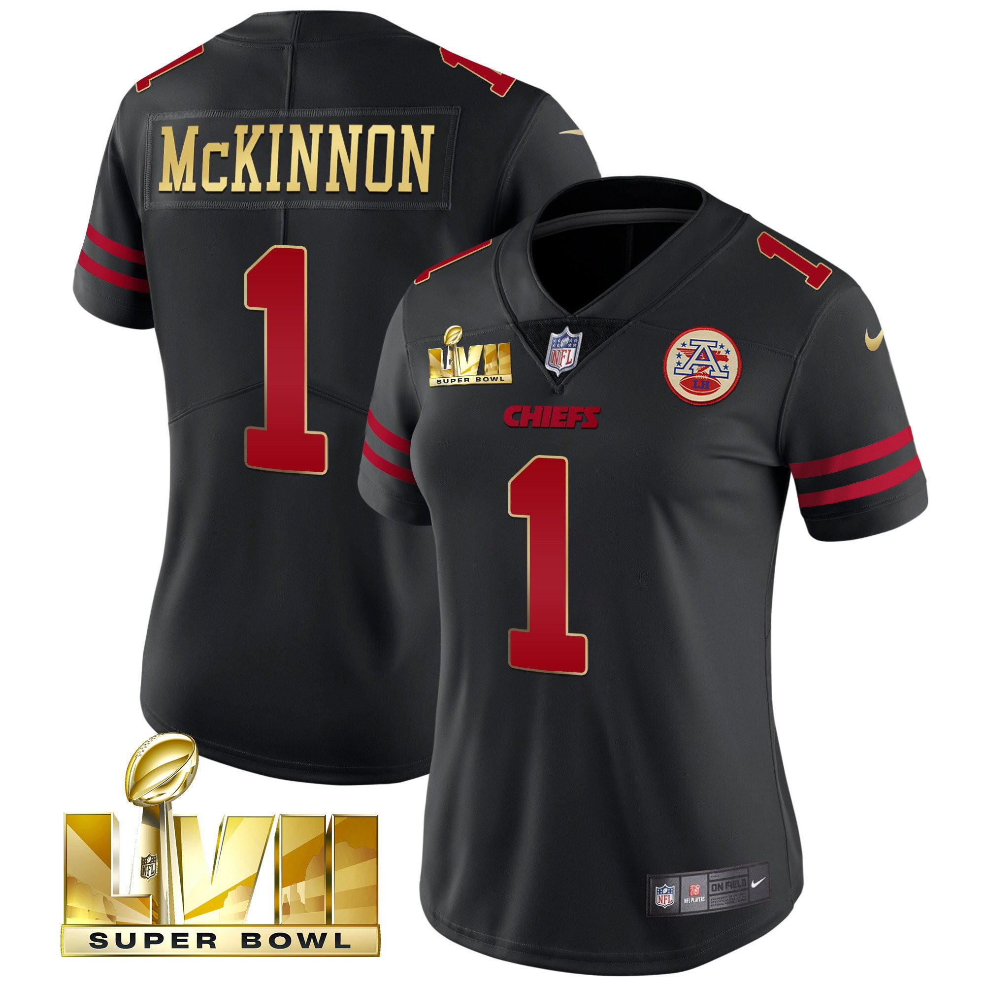 Jerick McKinnon Women's Kansas City Chiefs Super Bowl LVII Red Gold Vapor Black Gold Trim Jersey - All Stitched