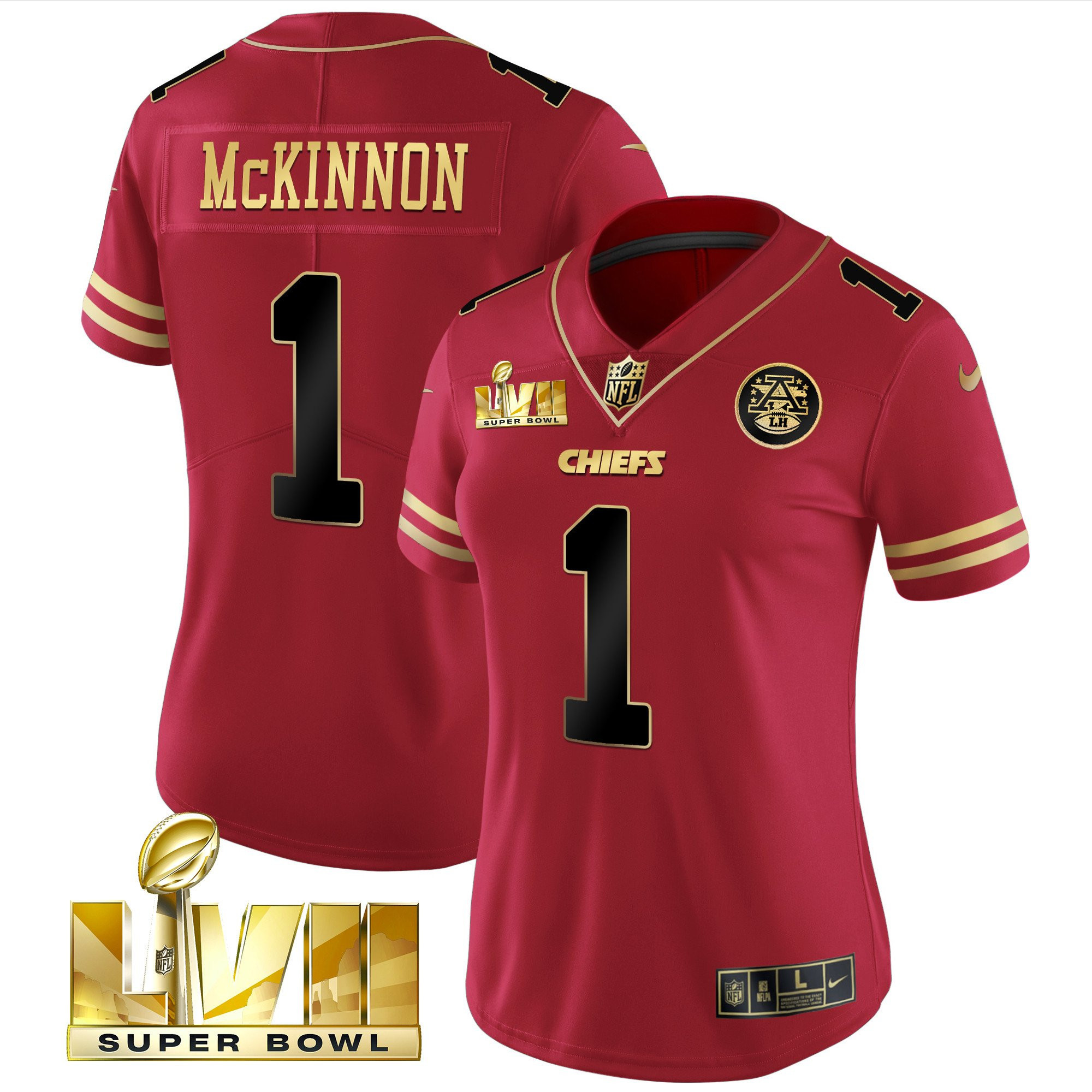 Jerick McKinnon Women's Kansas City Chiefs Super Bowl LVII Red Gold Vapor Black Red Jersey - All Stitched