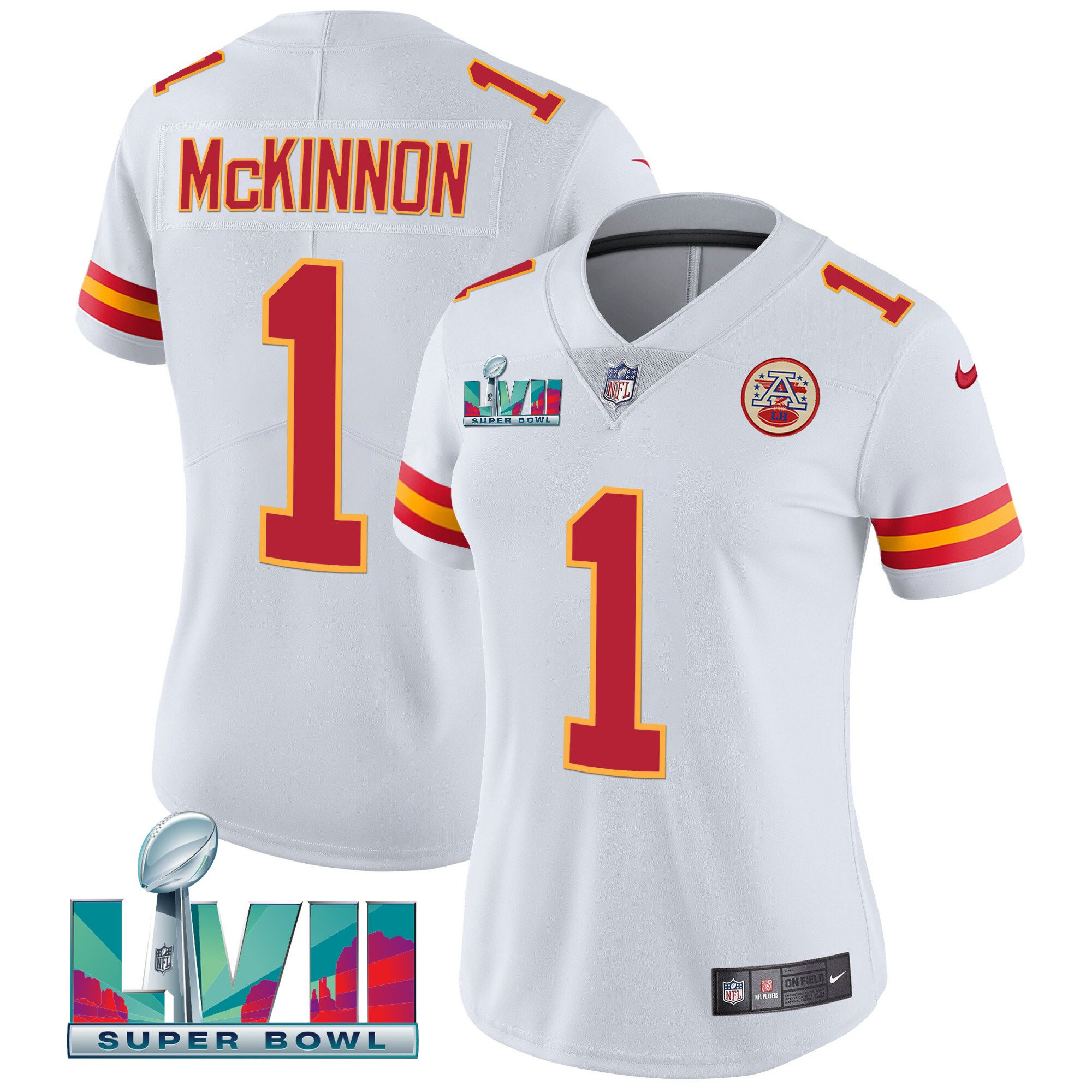 Jerick McKinnon Women's Kansas City Chiefs Super Bowl LVII Red Gold Vapor White Jersey - All Stitched