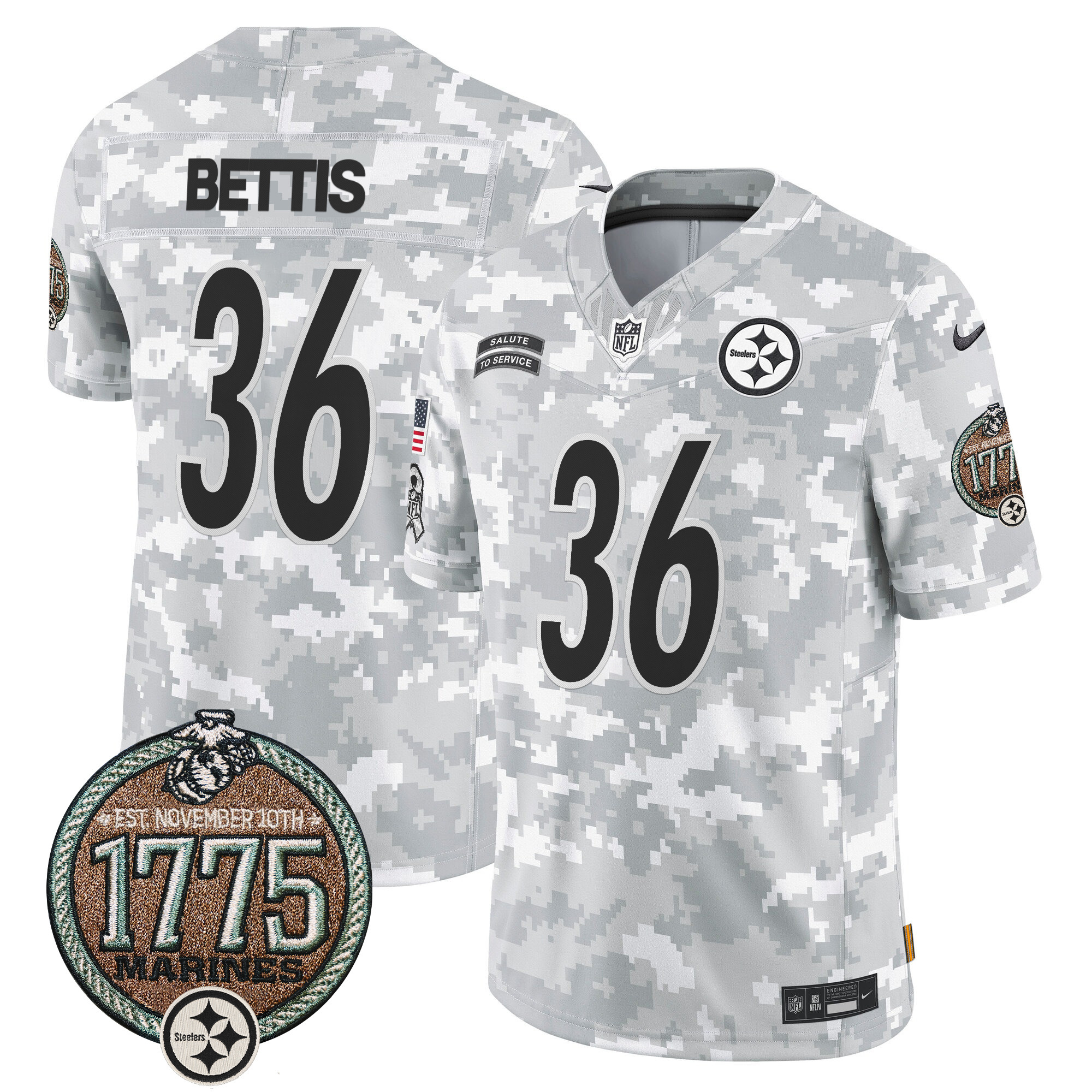 Jerome Bettis Men's Pittsburgh Steelers 2024 Salute to Service Establishment Year Patch Vapor Limited Marines Jersey - All Stitched