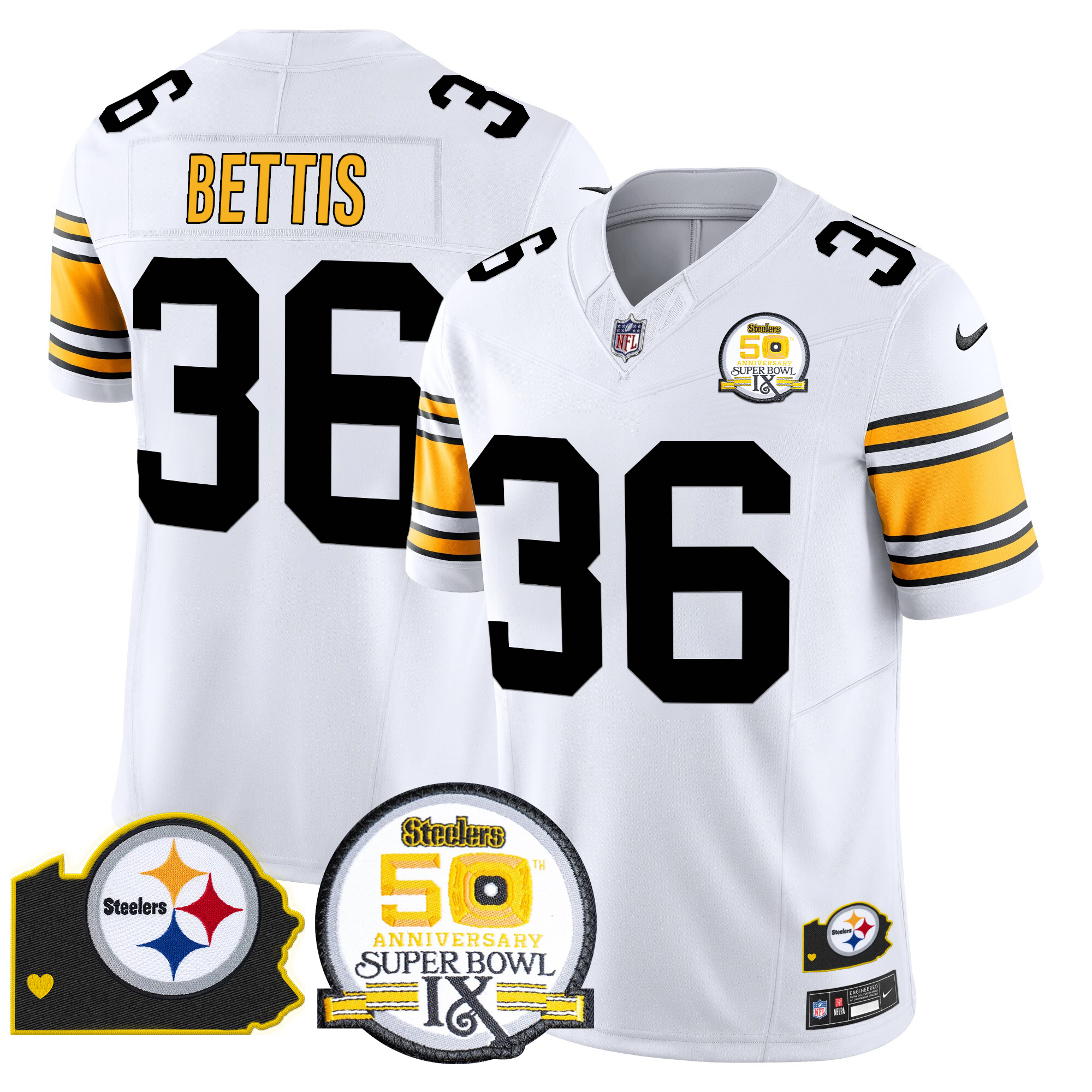 Jerome Bettis Men's Pittsburgh Steelers 50th Anniversary Of Super Bowl IX & Map Patch Vapor Limited 1975 White Jersey - All Stitched