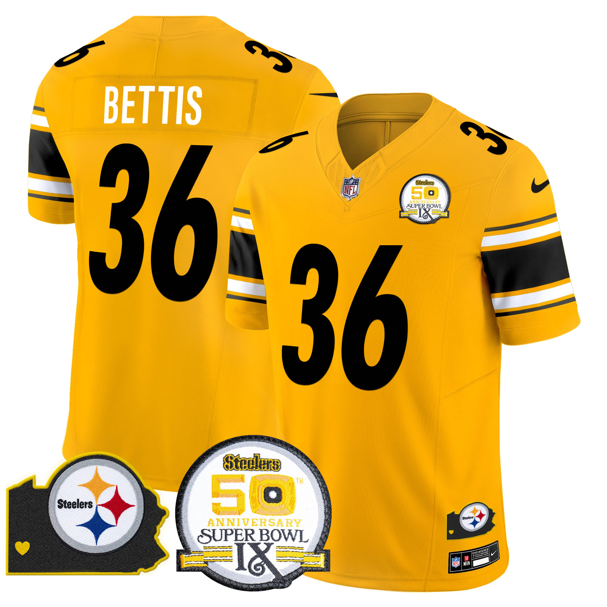 Jerome Bettis Men's Pittsburgh Steelers 50th Anniversary Of Super Bowl IX & Map Patch Vapor Limited Gold Jersey - All Stitched