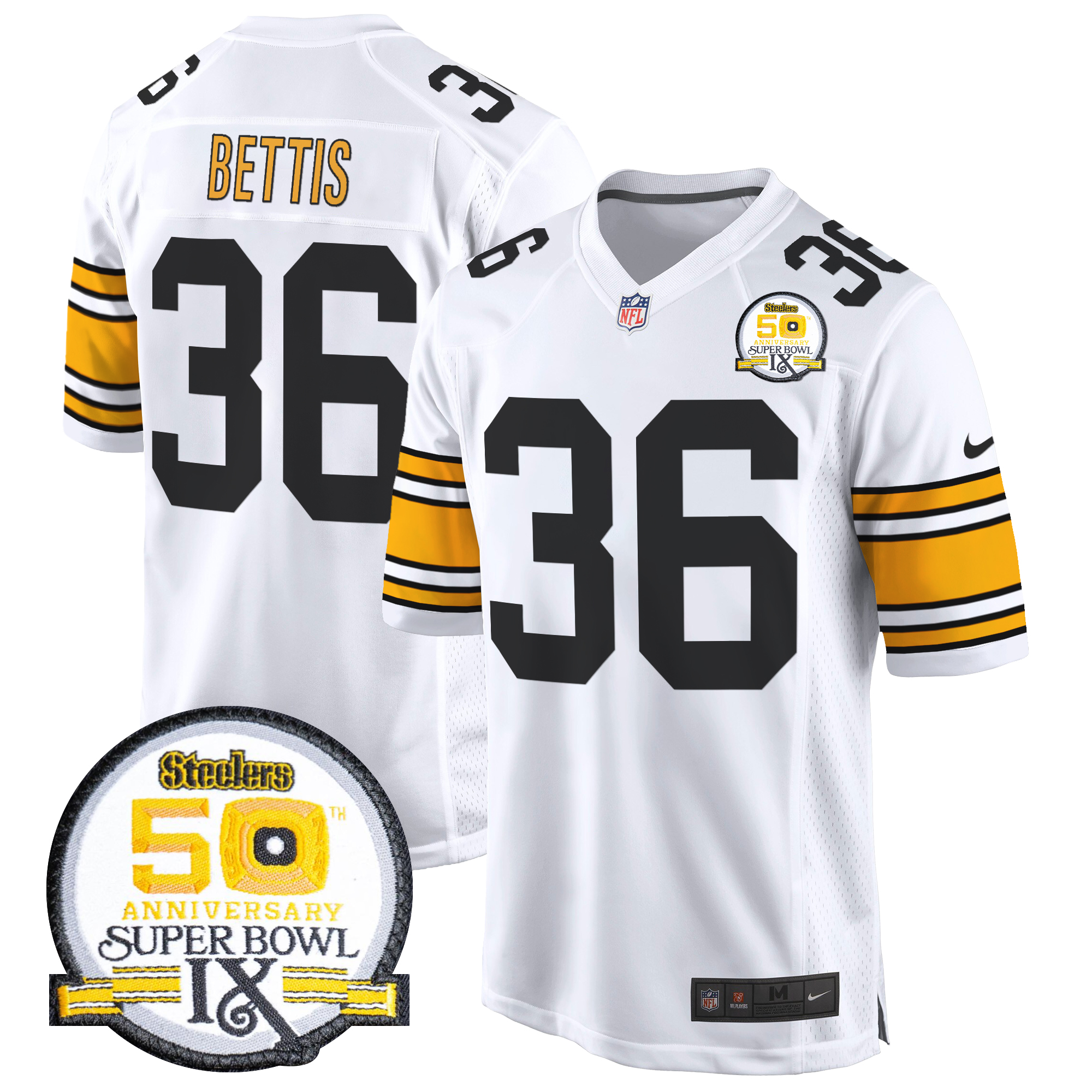 Jerome Bettis Men's Pittsburgh Steelers 50th Anniversary Of Super Bowl IX Patch Game 1975 White Jersey - All Stitched