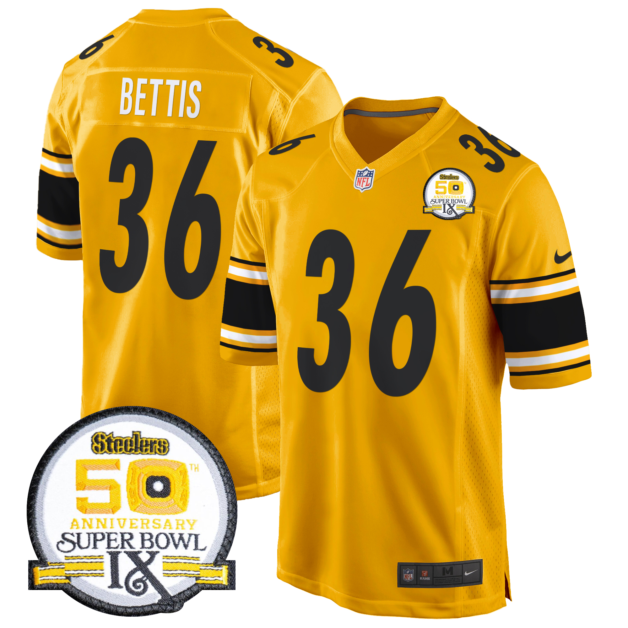 Jerome Bettis Men's Pittsburgh Steelers 50th Anniversary Of Super Bowl IX Patch Game Gold Jersey - All Stitched