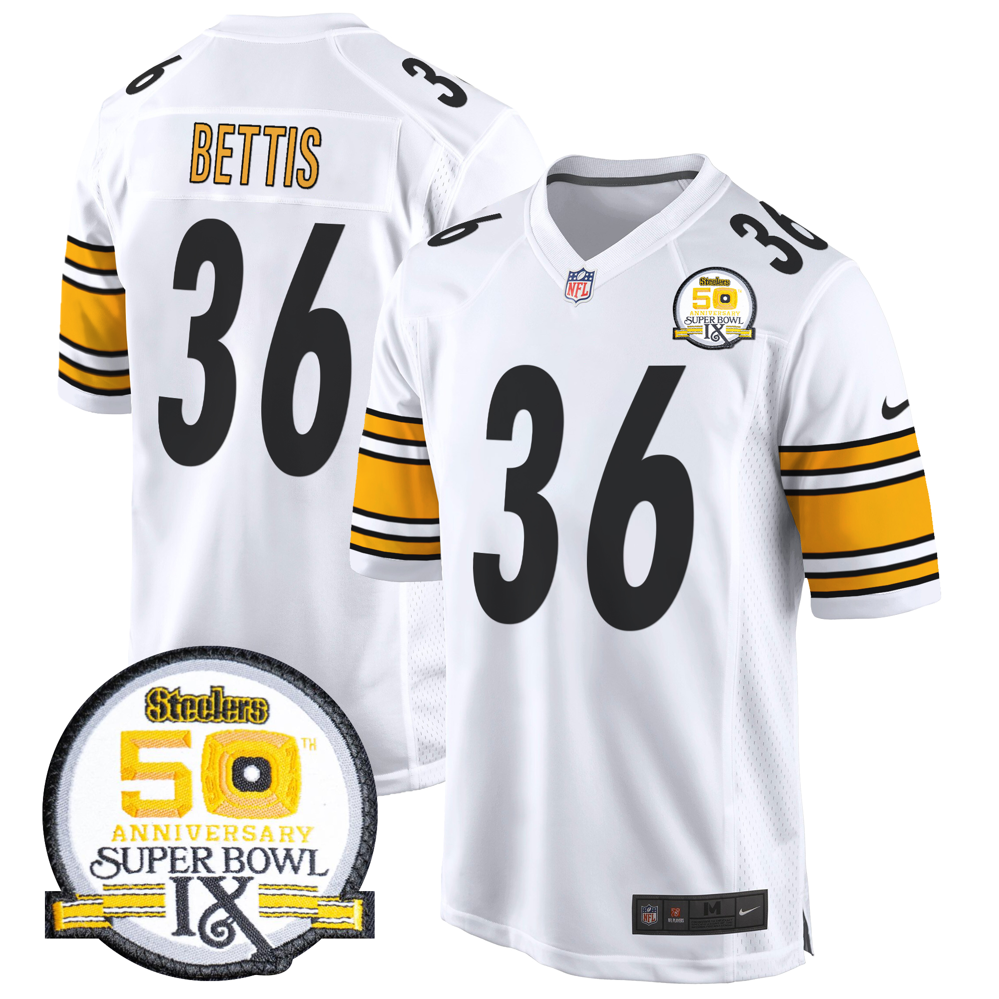 Jerome Bettis Men's Pittsburgh Steelers 50th Anniversary Of Super Bowl IX Patch Game White Jersey - All Stitched