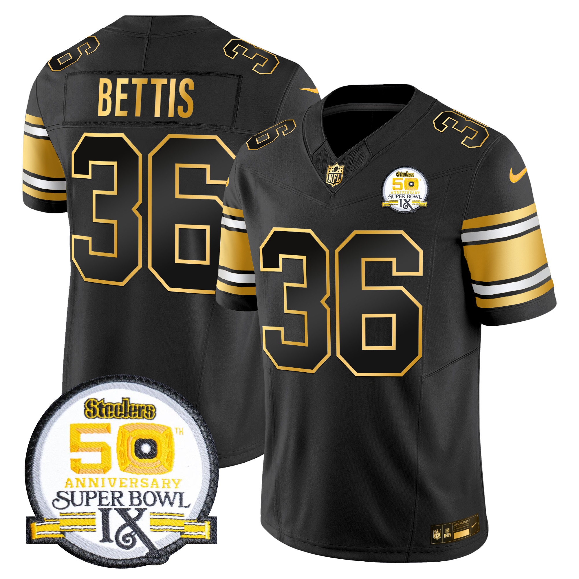 Jerome Bettis Men's Pittsburgh Steelers 50th Anniversary of Super Bowl IX Patch Gold Vapor Limited Black Gold Jersey - All Stitched