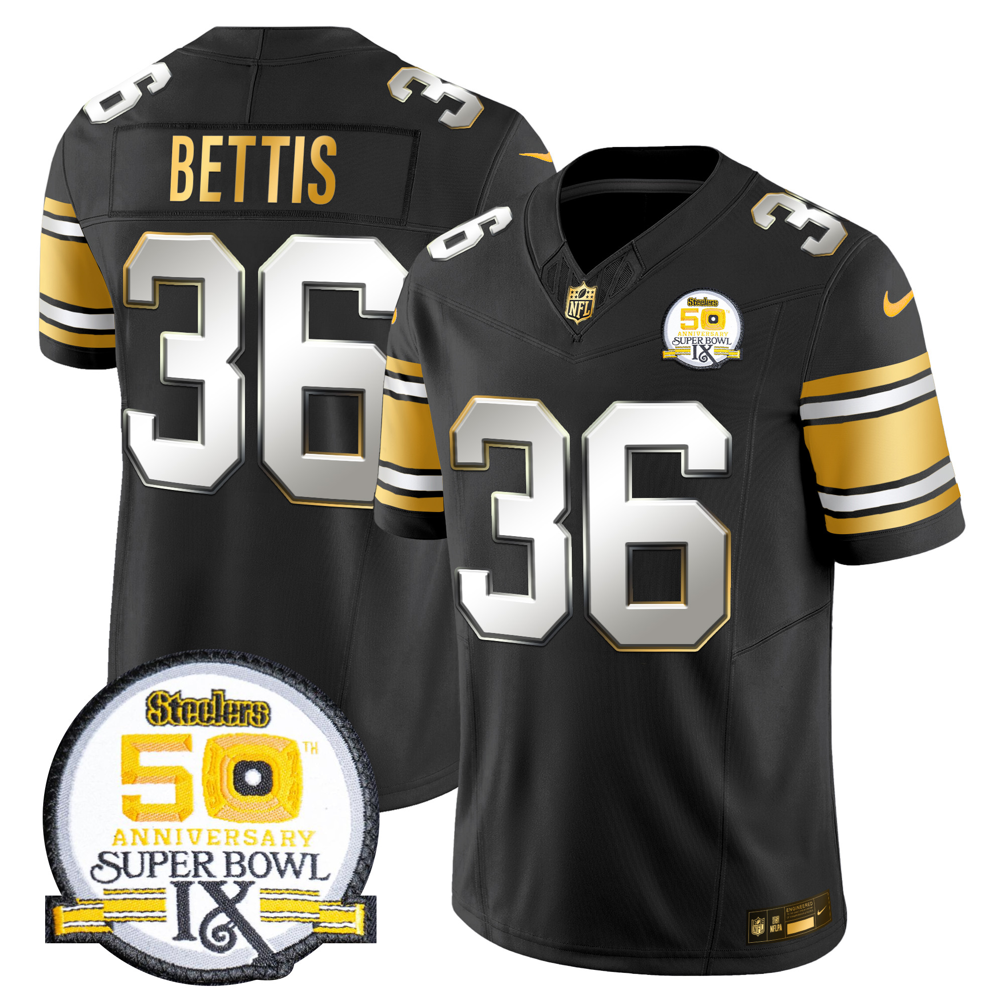 Jerome Bettis Men's Pittsburgh Steelers 50th Anniversary of Super Bowl IX Patch Gold Vapor Limited Black Limited Jersey - All Stitched