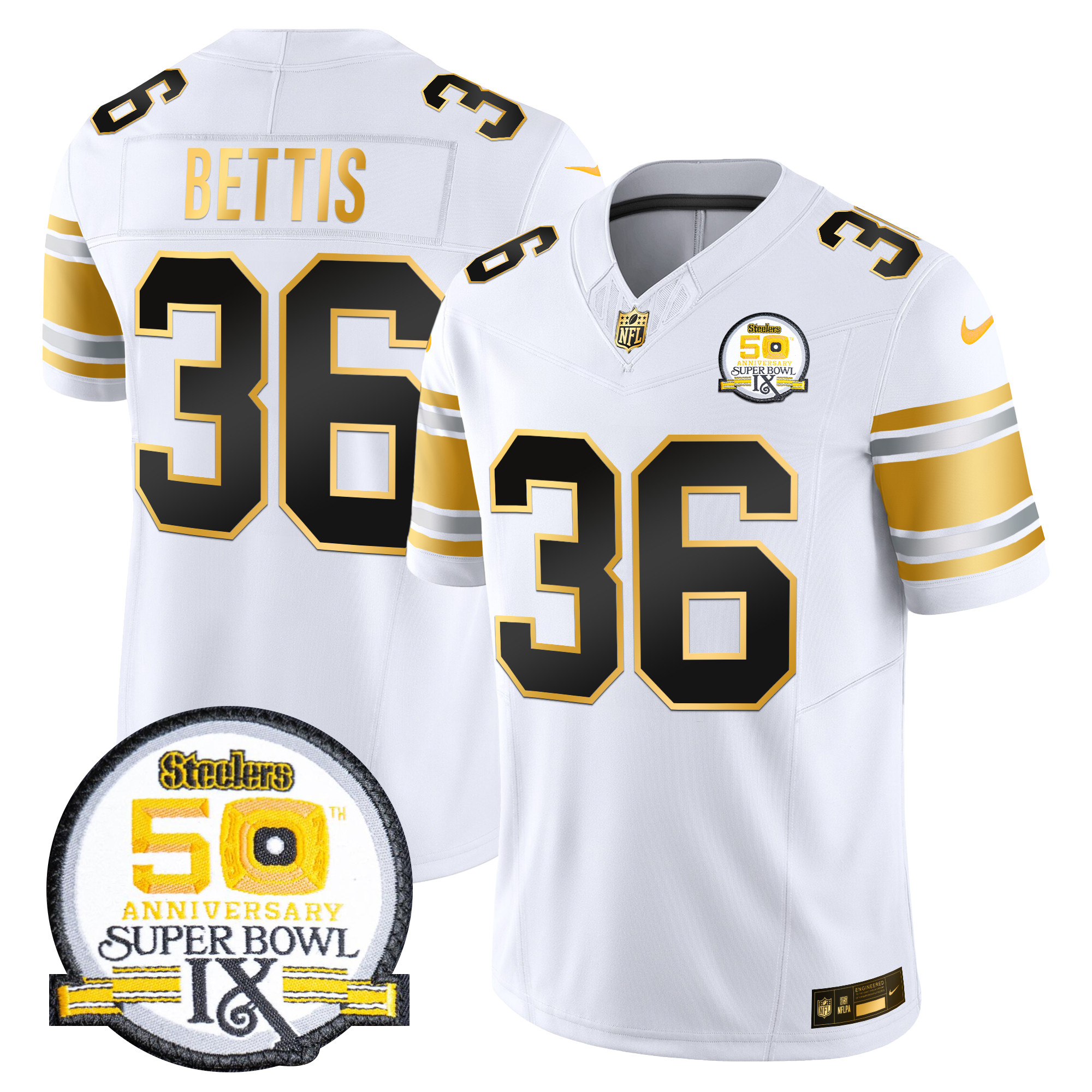 Jerome Bettis Men's Pittsburgh Steelers 50th Anniversary of Super Bowl IX Patch Gold Vapor Limited White Gold Jersey - All Stitched
