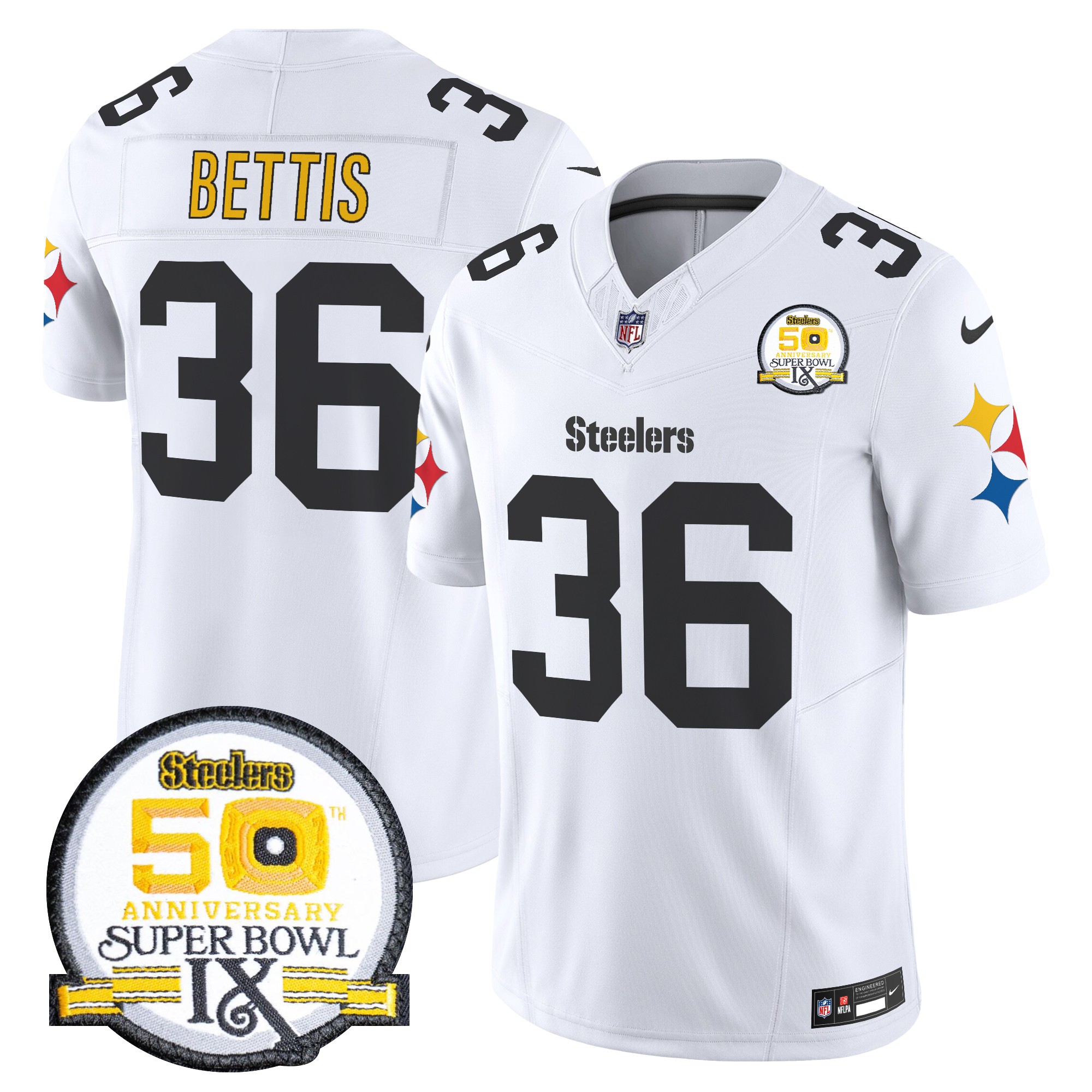 Jerome Bettis Men's Pittsburgh Steelers 50th Anniversary Of Super Bowl IX Patch Vapor Limited 1975 White Jersey - All Stitched